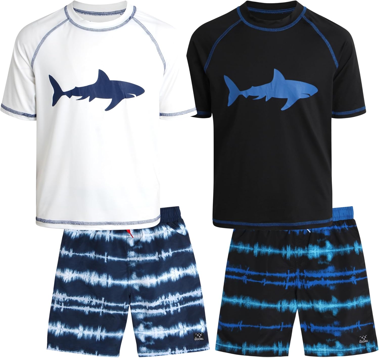 Big Chill Boys Swim Set - 4 Piece Quick Dry UPF 50 Boys Swim Trunks & Short Sleeve Boys Rash Guard - Kids Swimwear Set