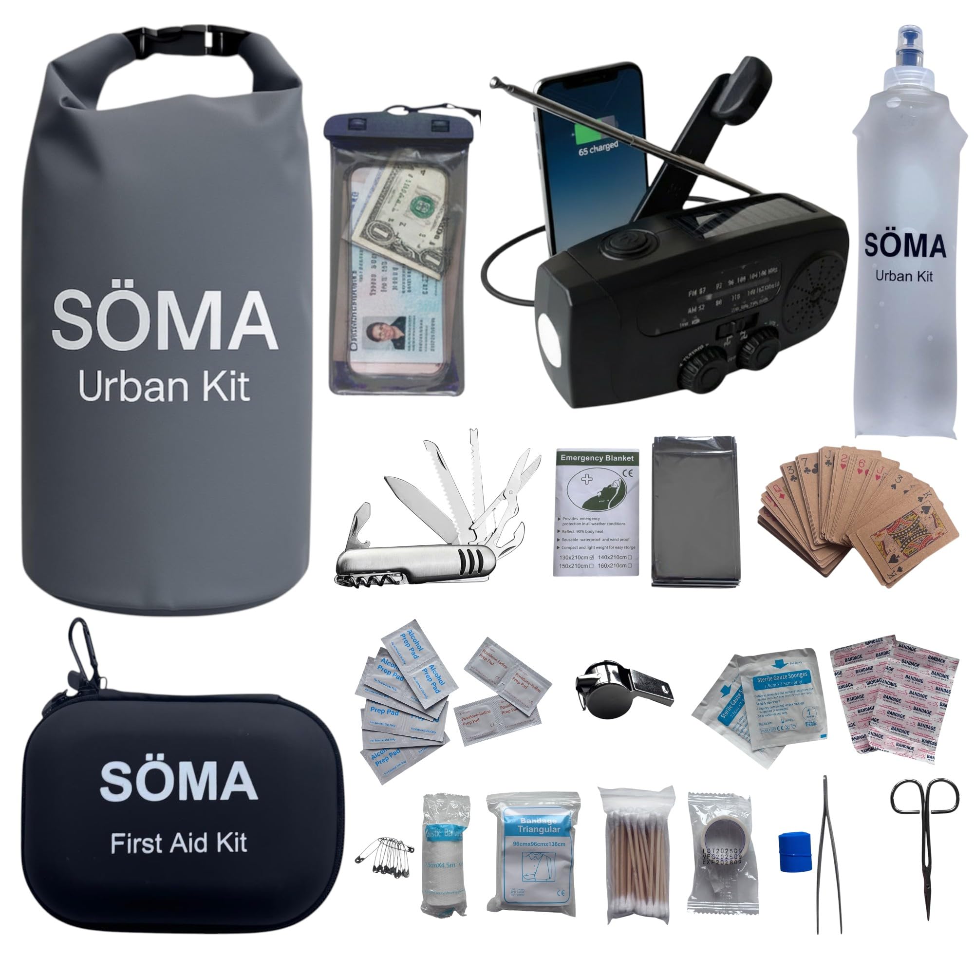 Urban Kit – Kit de Survie 72h Complet Appartement & Ville – Sac d'Évacuation Étanche avec Radio Dynamo Solaire, Chargeur Téléphone, Lampe & Soins – Idéal Urgence, Coupure, Crise