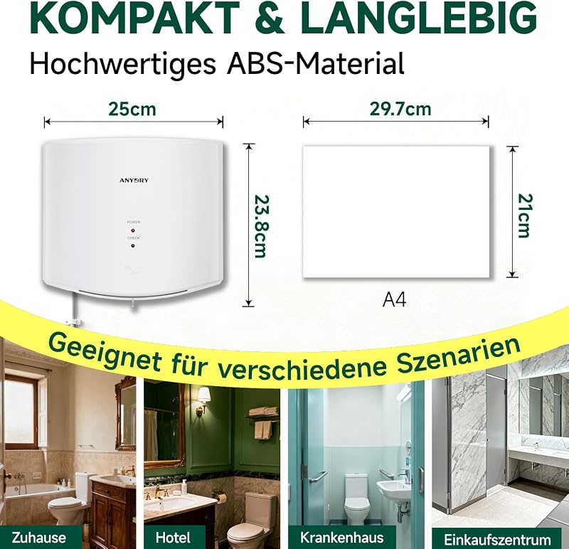 anydry 2630S Kompakt Kézszárító, Automata Falra Szerelhető Elektromos Szárító Fehér
