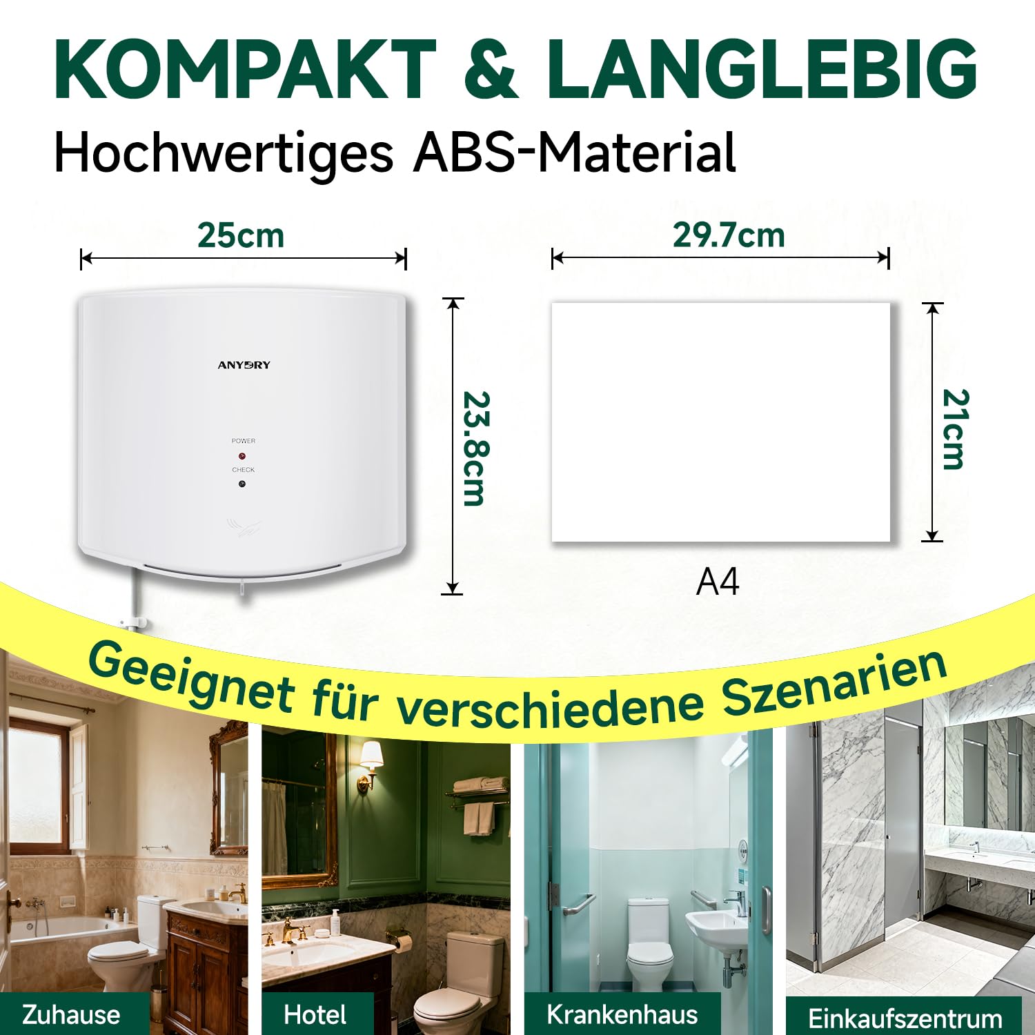 anydry 2630S Kompakter Händetrockner,Automatischer Elektrischer Händetrockner für Wandmontage,Für Gewerbliche oder Private Zwecke,Händetrockner für Toiletten.1400-1650W.(Weiß)
