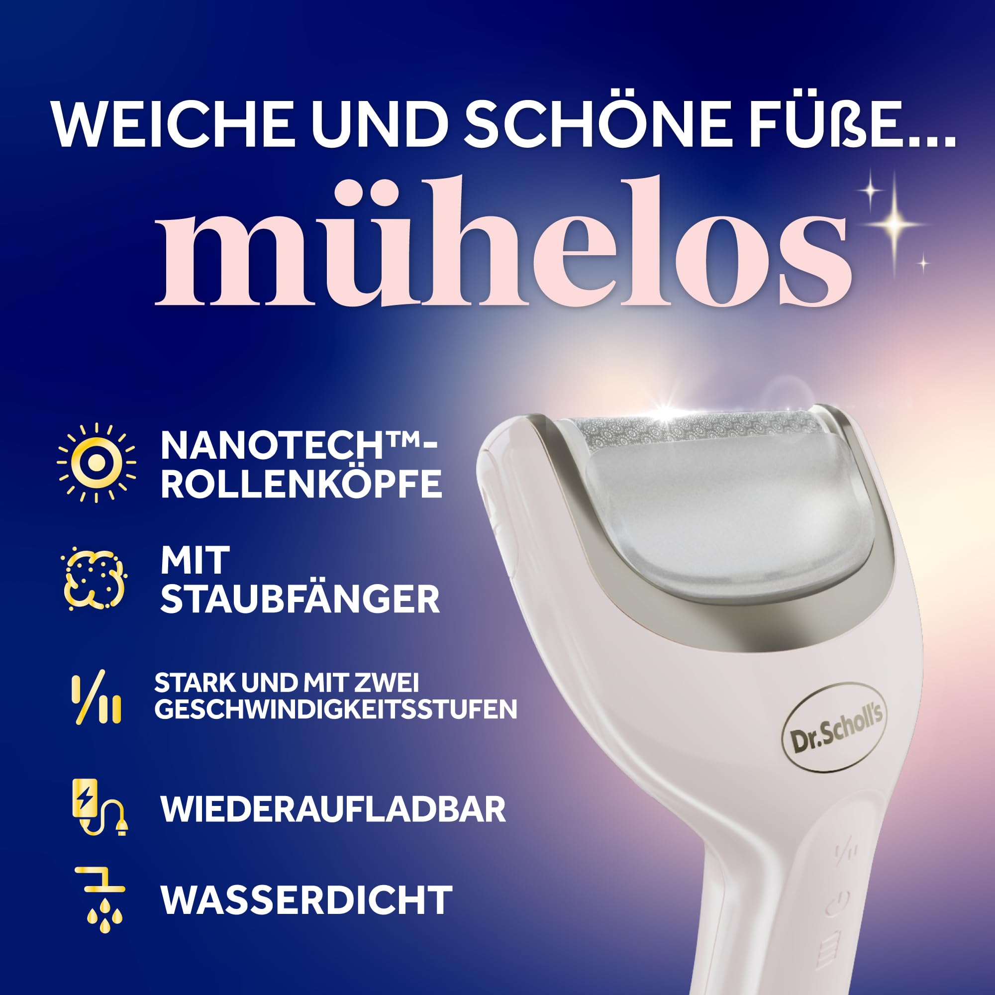 Dr. Scholl’s Pedi Perfect Luxe Wasserdichter, Wiederaufladbarer, Elektrischer Fußhornhautentferner mit x3 Rollenköpfen – Entfernt harte Haut für weiche schöne Füße, 90 Minuten Laufzeit,