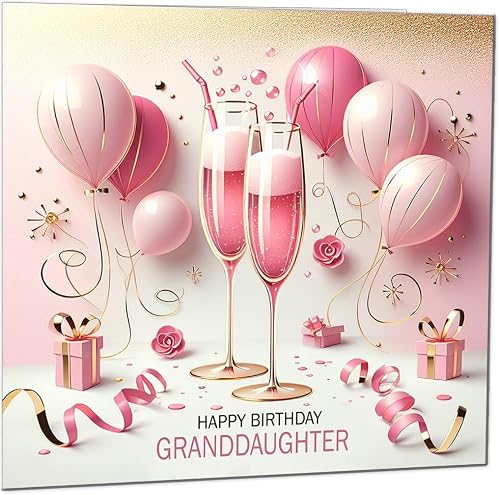 Granddaughter Womens Pink Fizz Design - Elegant Pink & Gold Birthday Cards for Granddaughter