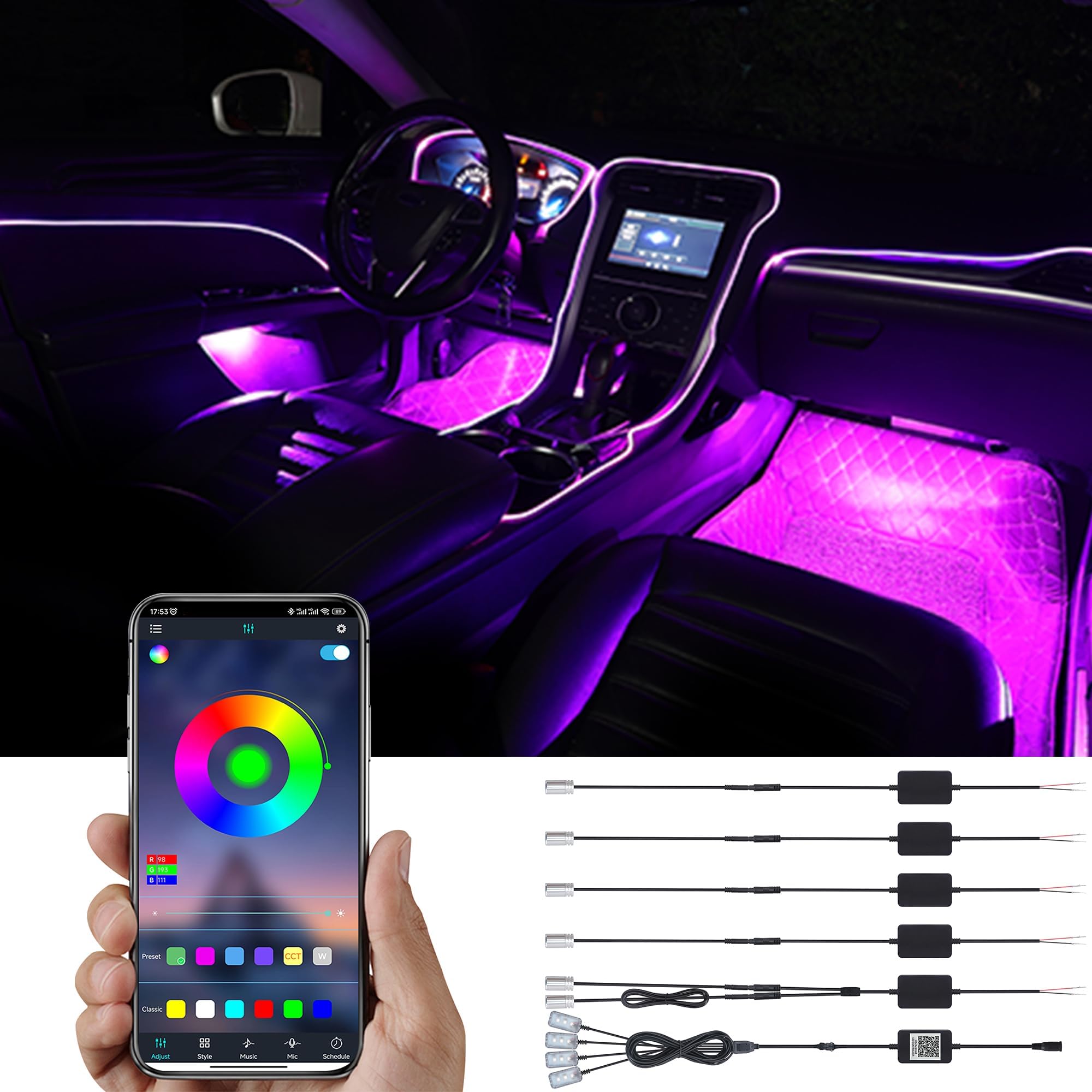 TABEN Ambient Light APP Control Car Atmosphere Light Lamp Soft DIY Refit 8m Optic Fiber Band 64 Colors Interior Footwell Lighting Decorative Light 1W DC 12V-24V