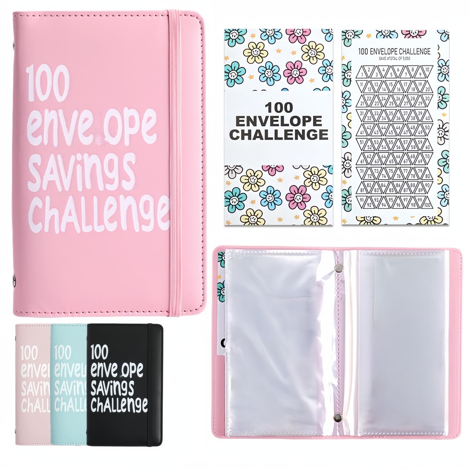 Mo/ney Saving Book,100 Envel/ope Challenge Binder for Cash,Mo/ney Saving Binder,Mo/ney Saving Wa/llet,Reusable Cash Book for Home,Office Use,Bu/dget Book,Easy to Use,Reusable,Portable,Cute,Pi/nk