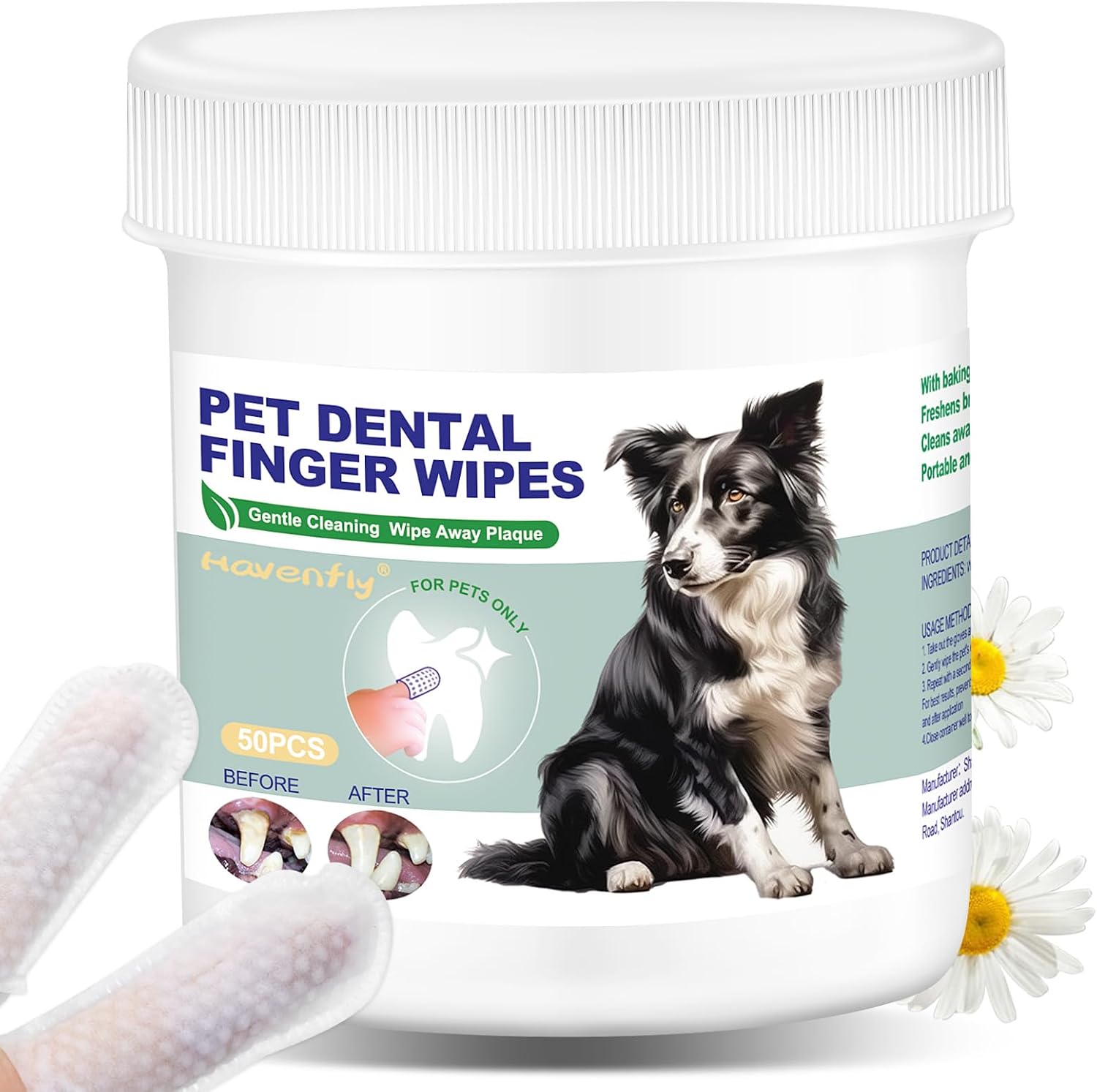 Pet Teeth Cleaning Finger Wipes for Dogs & Cats, Dog Dental Wipes for Removing Plaque and Tartar Buildup, No-Rinse Disposable Gentle Cleaning & Gum Care Pet Wipes, 50 Counts