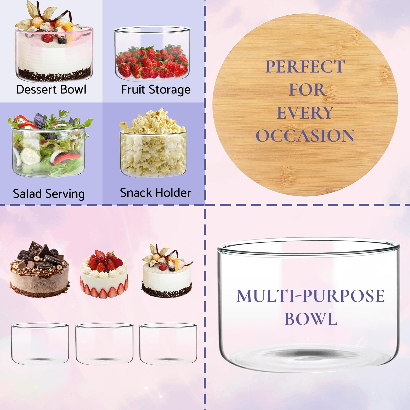 WodGod Hochwertige Glasschale mit Deckel (3,5 l), perfekt für Desserts, Salate und Lebensmittelaufbewahrung, stilvoller, klarer, runder Glasbehälter mit luftdichtem Deckel