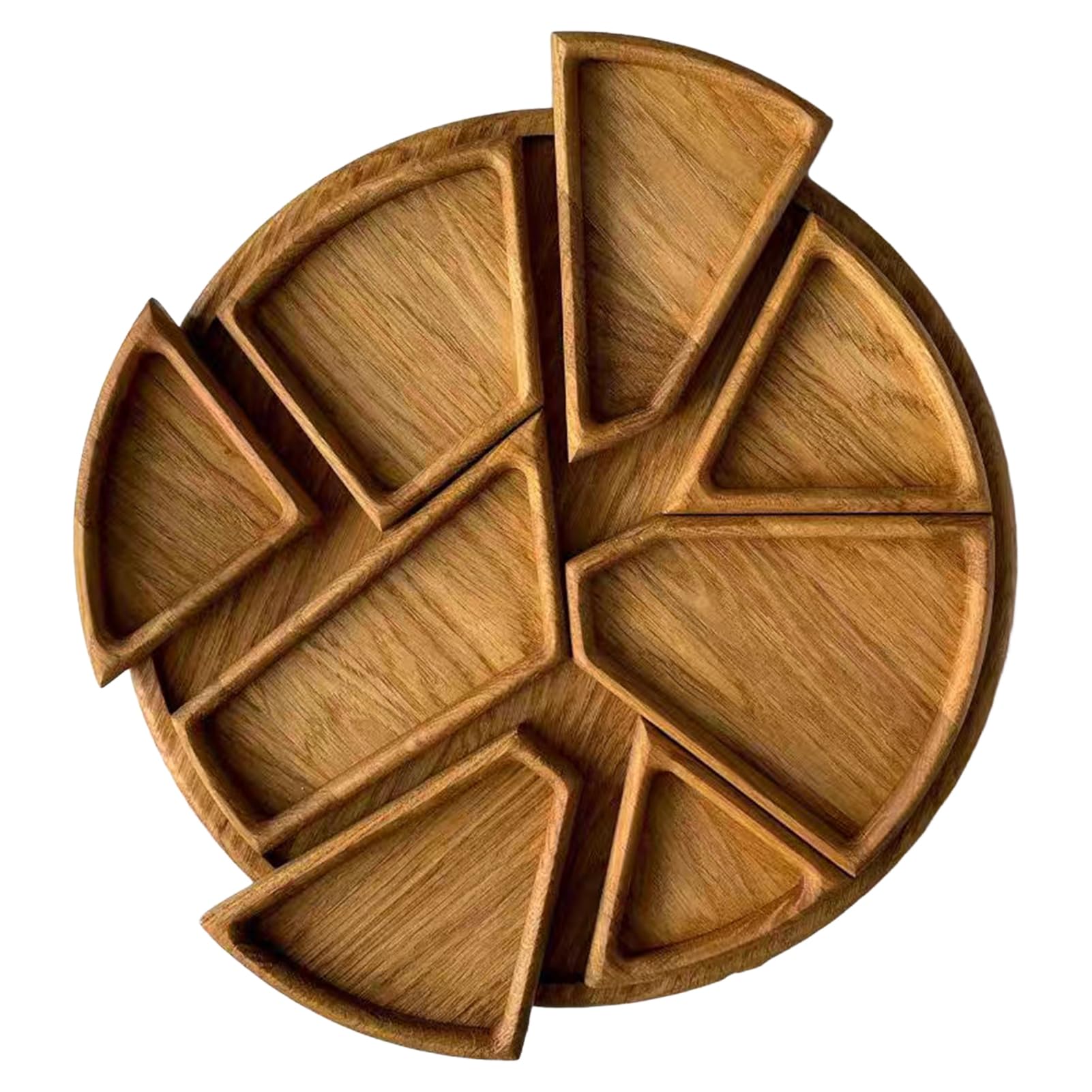 Glifora Wood Serving Tray - Divided 8-Section Snack Dessert Platter, Safe Round Serving Plate for Appetisers, Nuts and Dips - Picnic and Camping