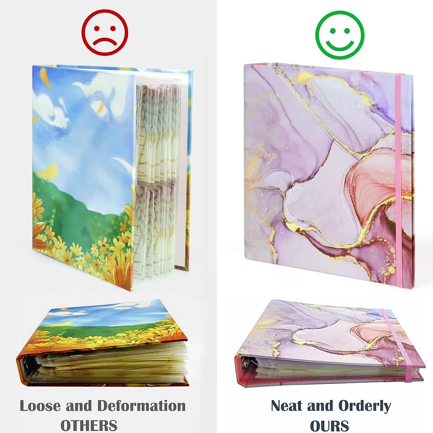 Mini Binders 5.5 x 8.5 Three Ring, 1 Inch Binder, Cute Mini- Binder with Elastic Cord, Lightpink Marble Hardcover, for School, Office and Home Use, Recipe Binder, 2 Pack