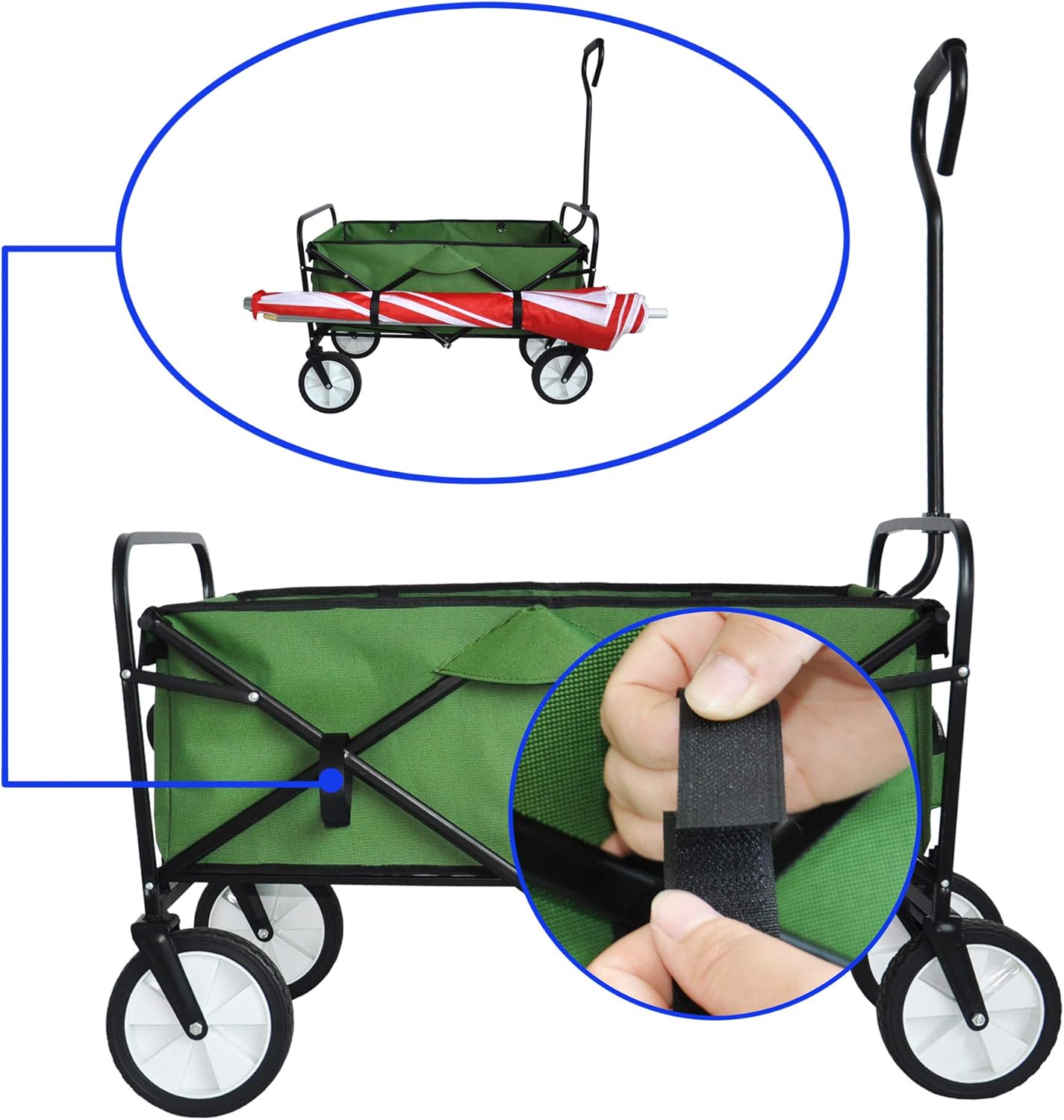 Folding Wagon Garden Cart – Heavy Duty Utility Beach Cart with Large Storage, 150 lbs Capacity, Easy Folding, Reflective Safety, Side Pockets, Camping, and Outdoor Activities, Green
