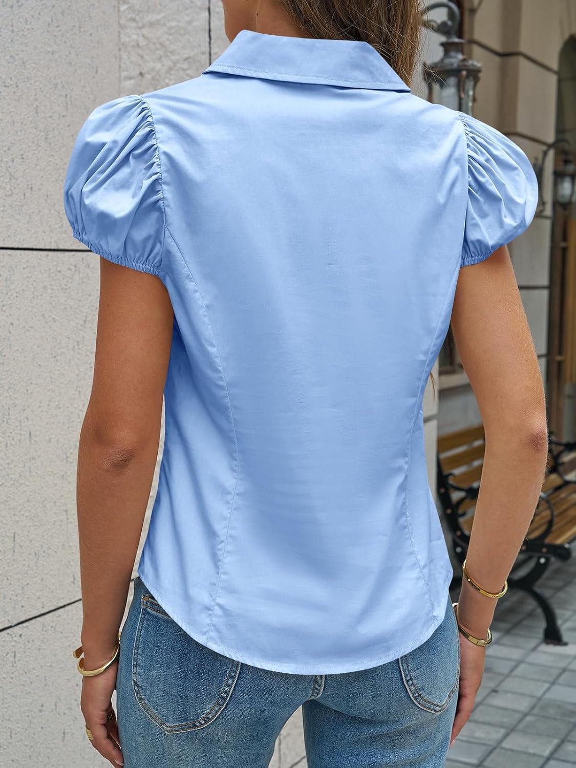 Cicy Bell Womens Short Puff Sleeve Button Down Shirts Summer V Neck Ruched Cotton Tops Casual Dressy Slim Fit Blouses - Image 4