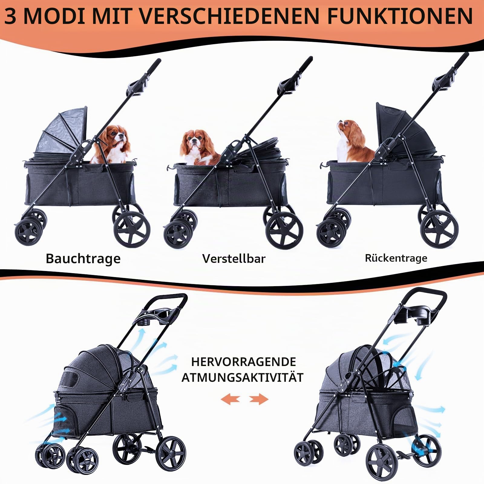 Hundewagen Faltbarer Hundebuggy Hundebox Transporttasche bis 15 Kg Haustier Buggy mit Netzfenstern Haustier Transportwagen Hunde Jogger Buggy Katzen Wagen(Schwarz)