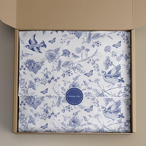 Miniatura 7 de Whaline 100 hojas de papel de seda floral azul chinoiserie pájaro flor regalo papel de regalo 13.7 x 19.6 pulgadas, elegante azul y blanco