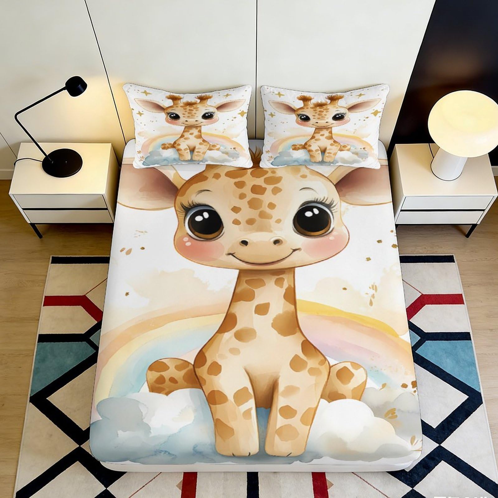 3D Printed Cute Giraffe Fitted Sheet Microfiber Soft Cartoon Rainbow Bed Cover for Bedroom Guest Room Mattress Decor 180x200x25cm