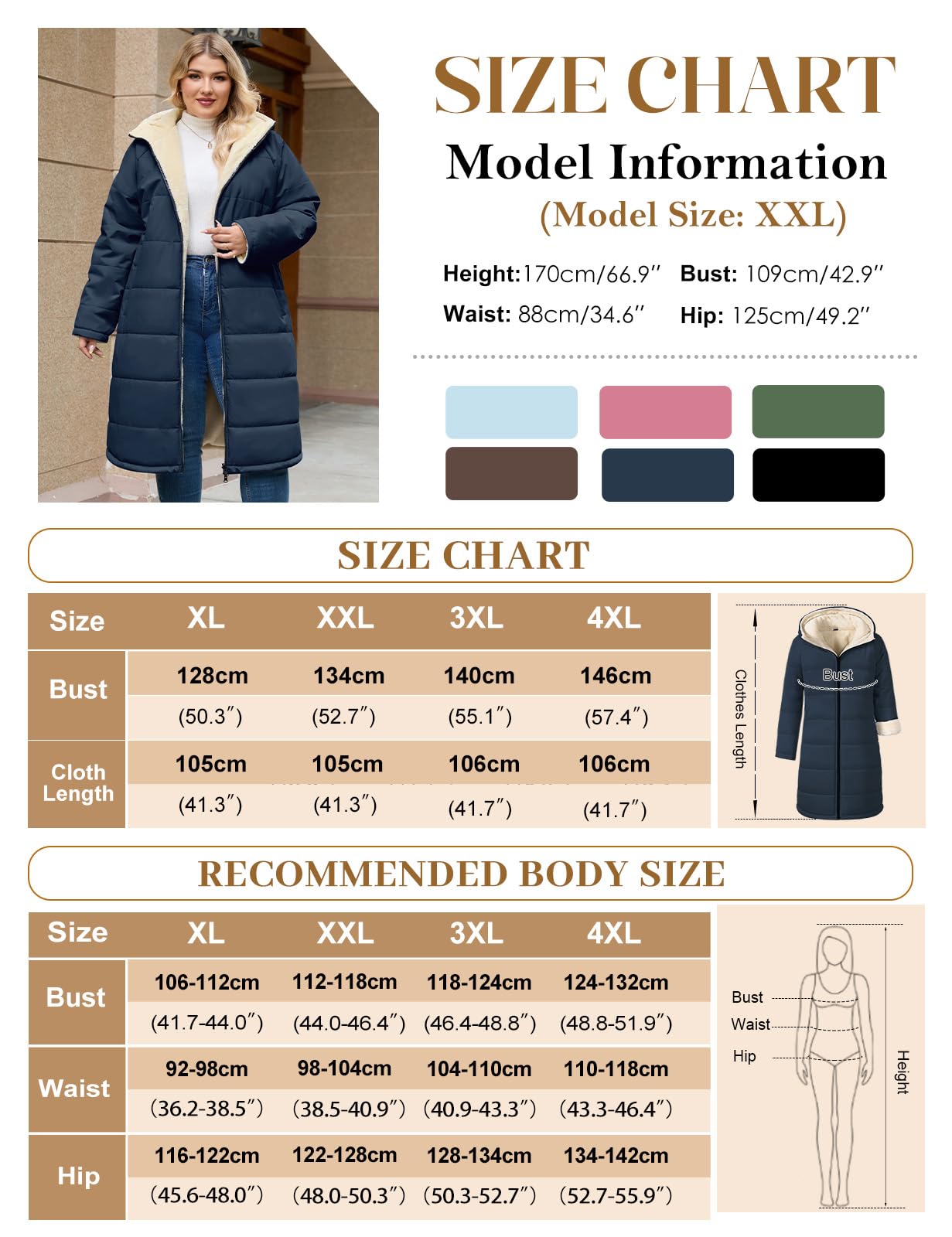 CMTOP Cappotto Donna Invernale Taglie Forti Lungo, Foderati in Pile Caldo Giubbotto Antivento Parka Elegante Classico Giacca Imbottito Giaccone con Cappuccio, Cerniera e Tasche