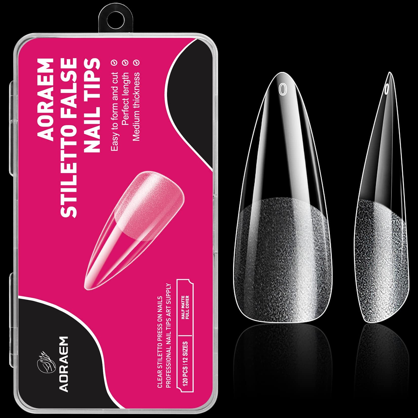AORAEM Stiletto Nail Tips 120 PCS Clear False Nails Artificial Full Cover Nail Tips 12 Size Soft Gel x Nail Tips Acrylic Medium Stiletto Press on Nails for Nail Extension Home DIY Nail Salon