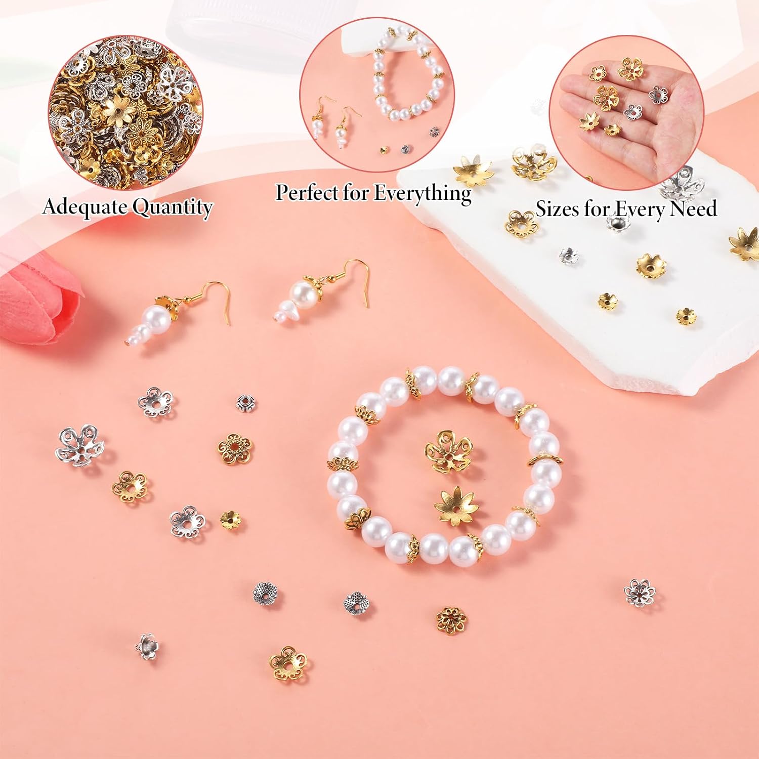 220 Pcs Metal Flower Bead Caps 18 Styles Filigree Petal Bead Ends Silver Gold Spacer Beads Accessories for Craft DIY Earrings Bracelets Necklaces Rings Jewelry Making