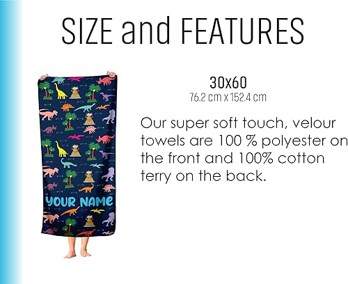 Miniatura 5 de Generic Toalla de playa de dinosaurio, nombre personalizado, algodón de secado rápido, regalo divertido para niños