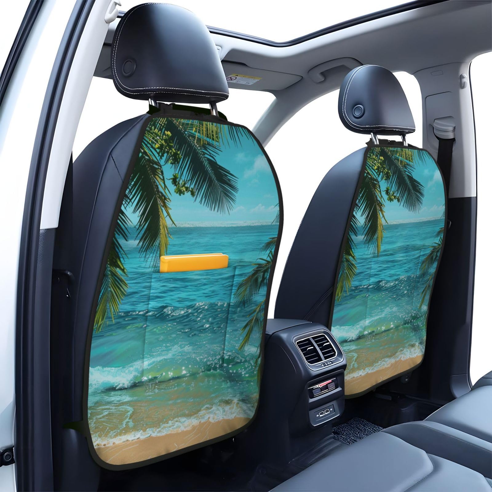 JTNWEC Ocean Sea Beach Palm Leaves Print Car Seat Kick Mats with Organisers 2 Pack Backseat Protector Seat Covers for Your Car, SUV, or Truck