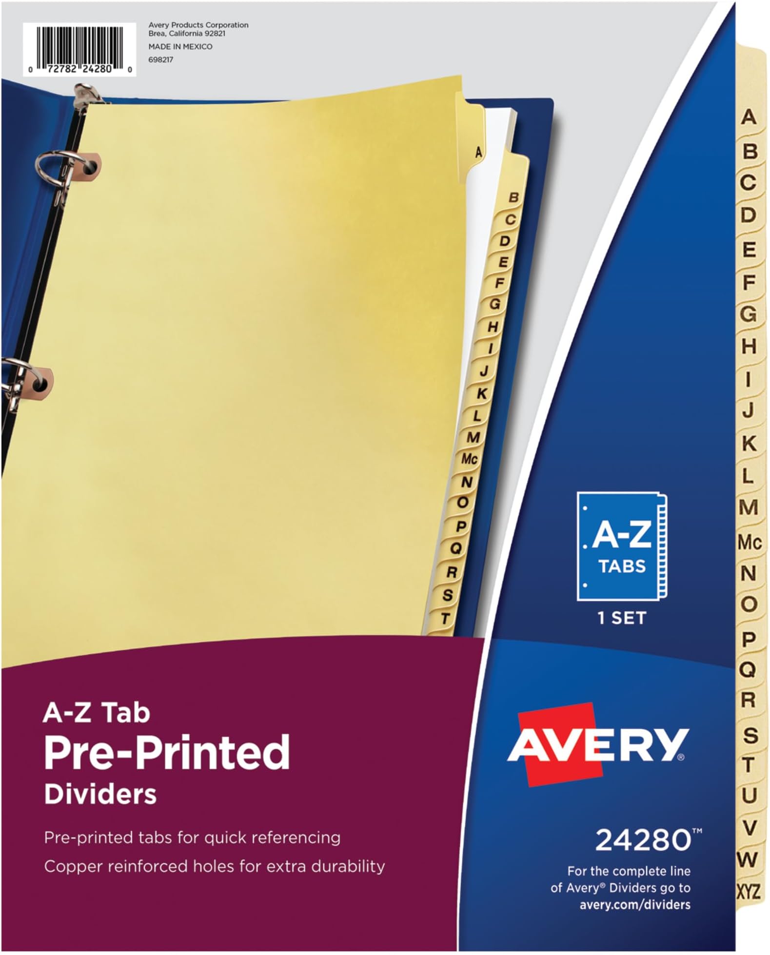 Avery 24280 Preprinted Laminated Tab Dividers w/Copper Reinforced Holes, 25-Tab, Letter