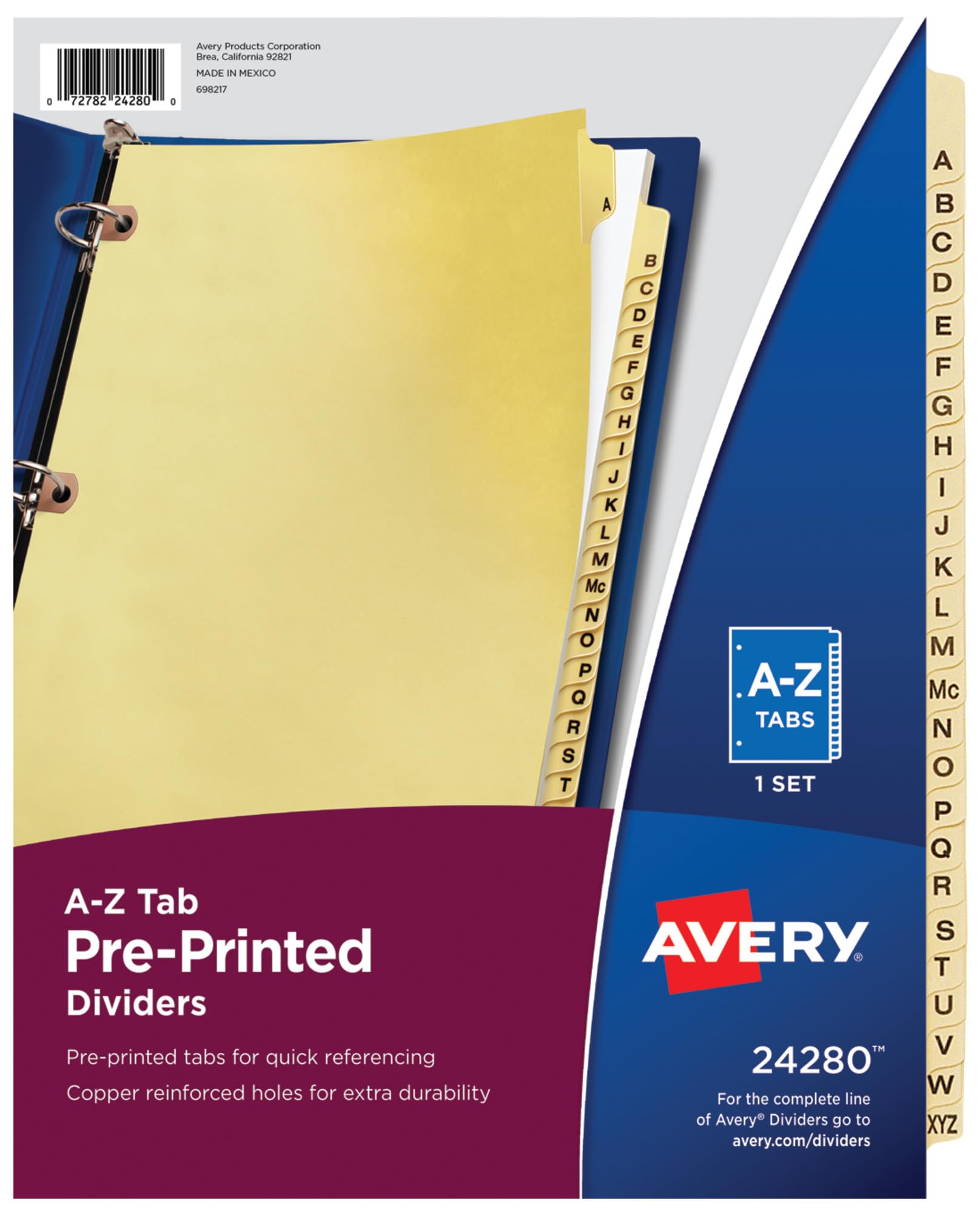 24280 Preprinted Laminated Tab Dividers w/Copper Reinforced Holes, 25-Tab, Letter