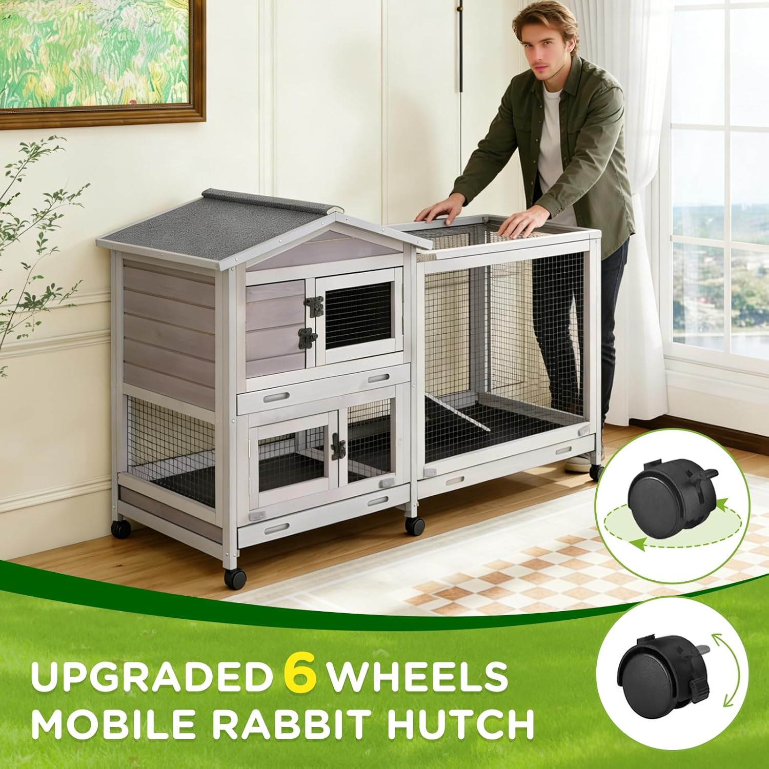 Gutinneen Large Indoor Rabbit Hutch Bunny Cage with Chew-Proof Ramp, Locking Leak-Proof Trays - Outdoor 62" Wooden Rabbit Cage with 6 Wheels for Rabbits, Guinea Pigs, Small Animals (Grey)