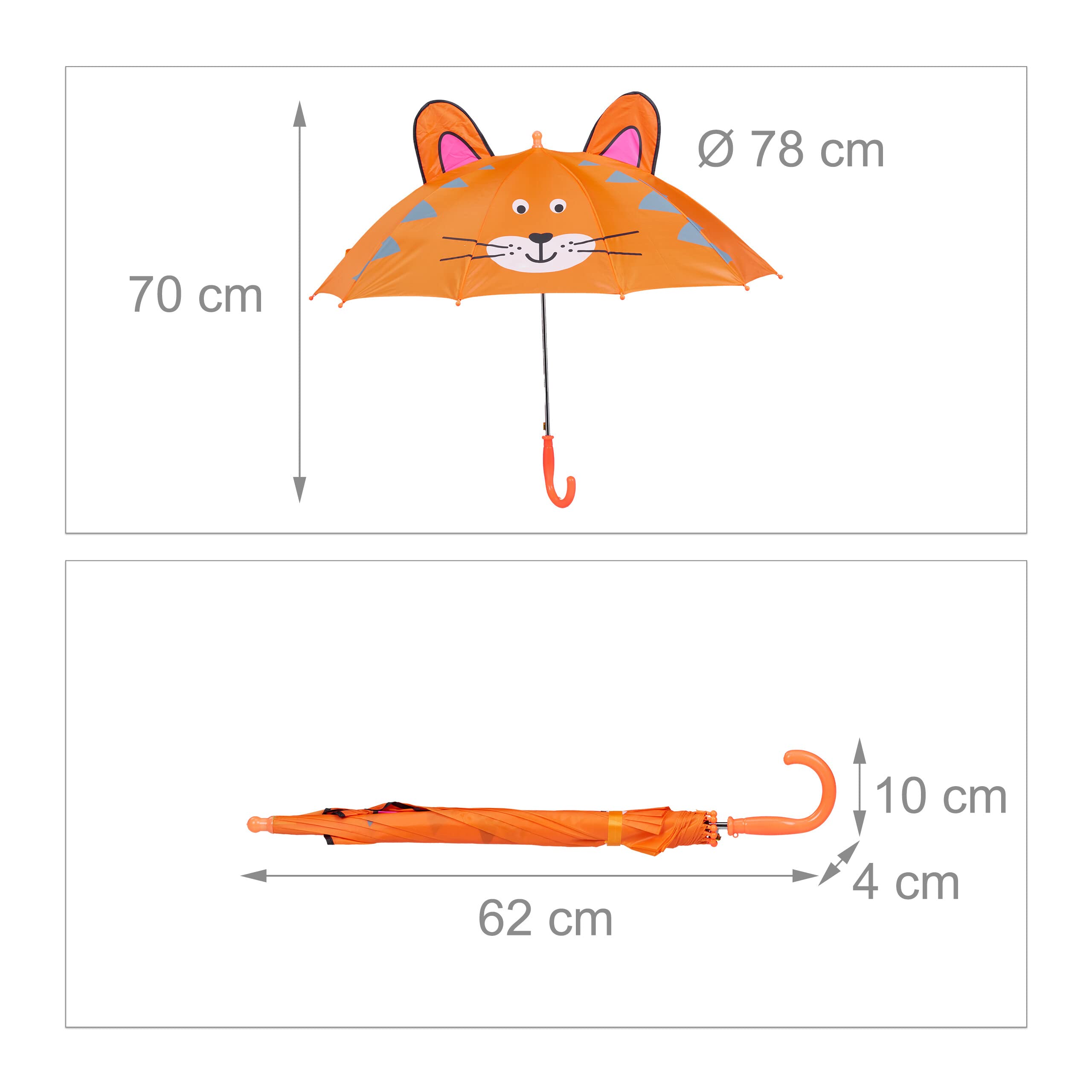 Relaxdays Parasol dziecięcy, motyw 3D, tygrys, parasol dziecięcy dla chłopców i dziewczynek, Ø 78 cm, mały parasol na patyku, pomarańczowy, pomarańczowy, 70 x 78 cm