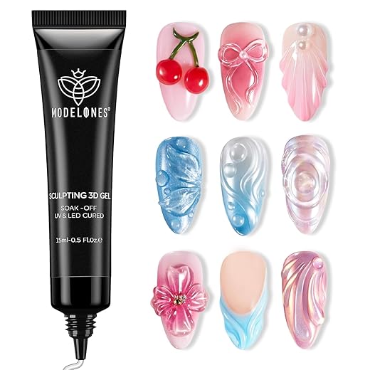 Modelones 3D Nail Gel Art, Sculpting Gel Glue for Molding, Drawing, Nail Charms & Gems, Chrome Powder and Rhinestone Design No Wipe, U V Light Cured Salon & DIY Use