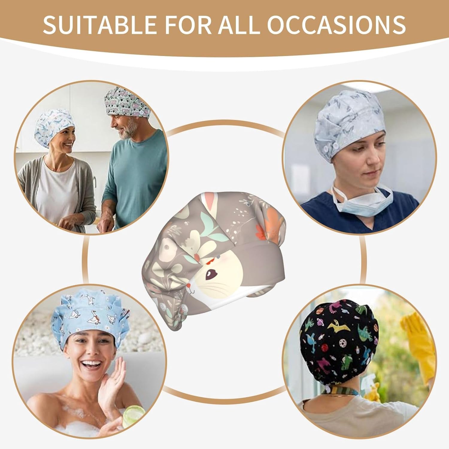 Easter Bunny Floral Bouffant Cap with Buttons, Sweatband Cap Black