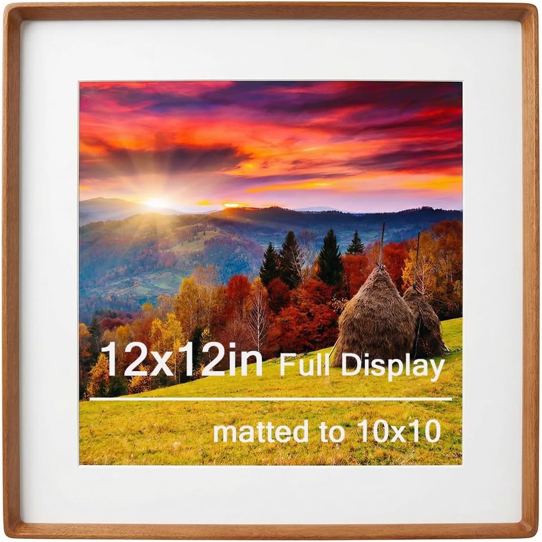 12x12 Solid Wood Picture Frame with Mat, Teak Wooden Photo Frame with Tempered Glass, Tabletop or Wall Mounted Display
