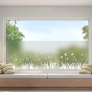 dktie Fensterfolie Blickdicht Sichtschutzfolie Fenster Milchglasfolie Gras, Löwenzahn Statische Aufkleber ohne Klebstoff Wiederverwendbar Geeignet für Wohnzimmer, Schlafzimmer, Küche 44.5x200cm