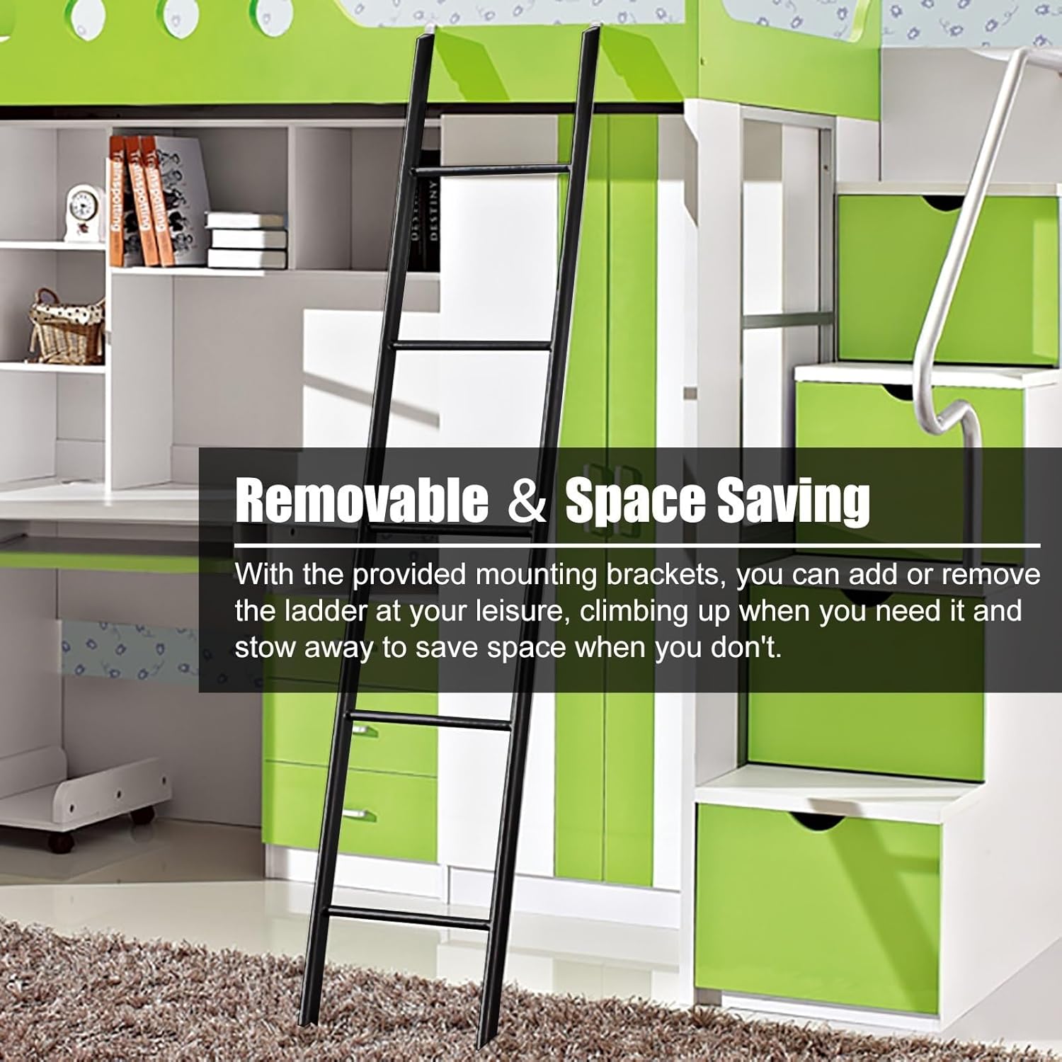 ベッド 階段 交換可能な黒のツイン二段ベッド用はしご、 キャンピングカーRV用二段ベッド用はしご（フック付き）、 上段ベッド用クライ