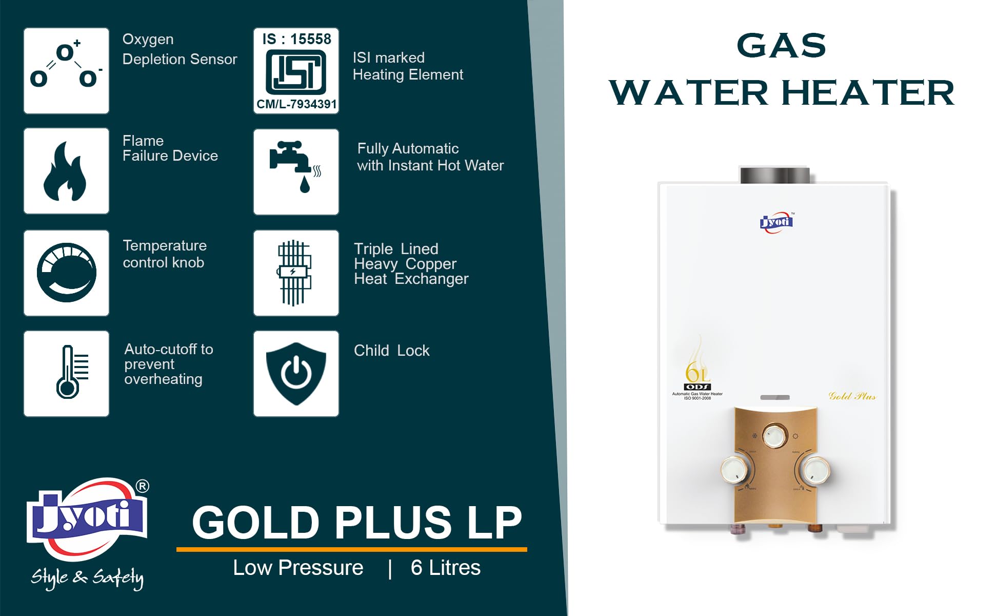 Buy Jyoti Gold Plus LP Instant Gas Geyser | Fully Automatic Low Pressure Gas  Water Heater | 6Ltr Capacity Copper Tank Online at Low Prices in India -  Amazon.in