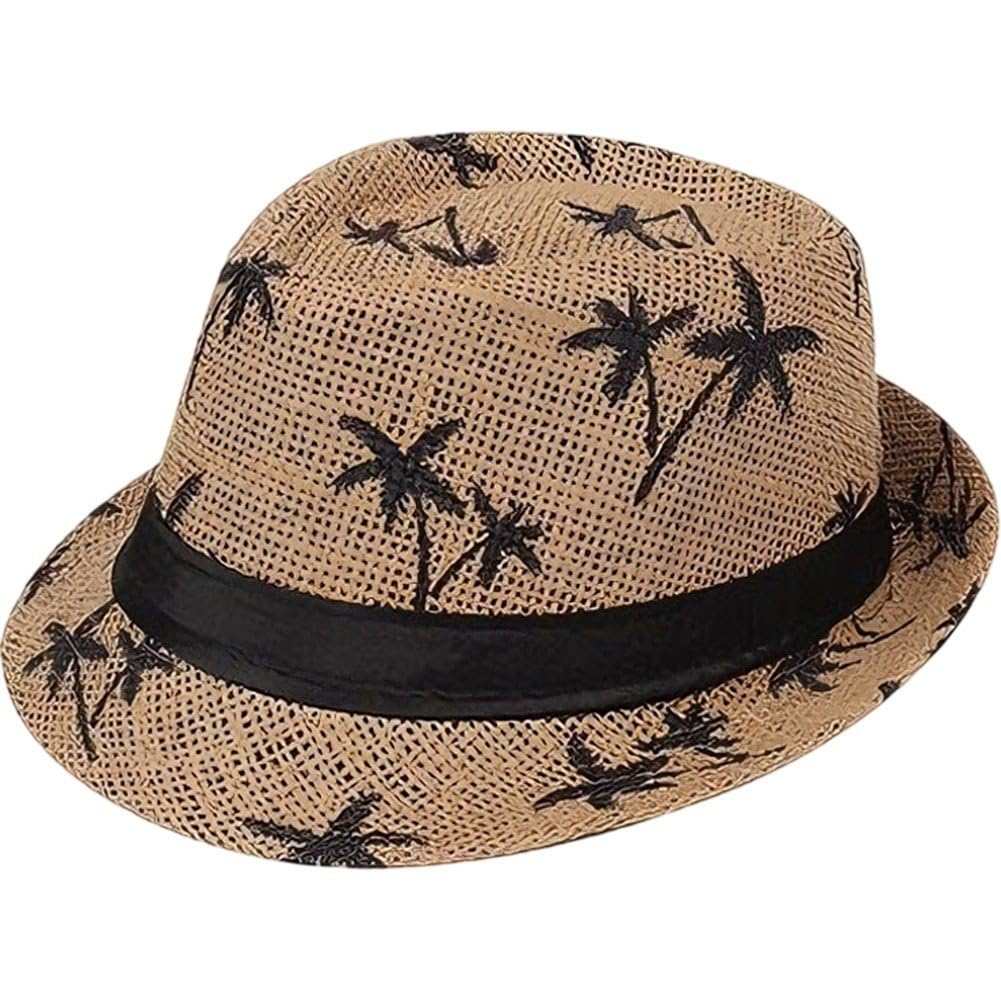 Uzztfa Men's Khaki Summer Panama Hat Short Brim Fedora Hat Trilby Hat Palm Tree Print Summer Beach Sun Hat For Wo