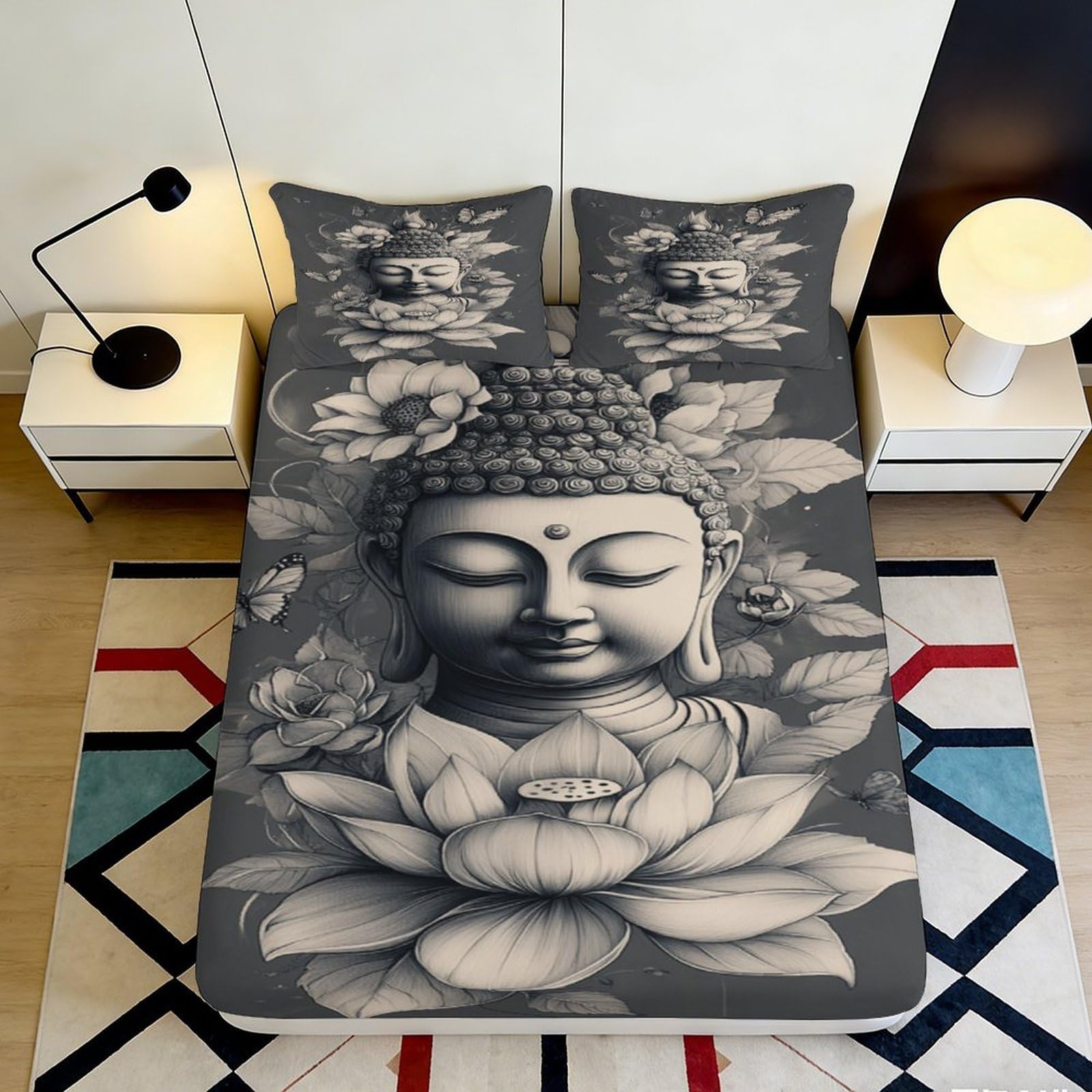 3D Printed Buddha Lotus Fitted Sheet Microfiber Deep Pocket Non-Slip Buddha Lotus Mattress Fitted Cover for Bedroom 140x200x25cm