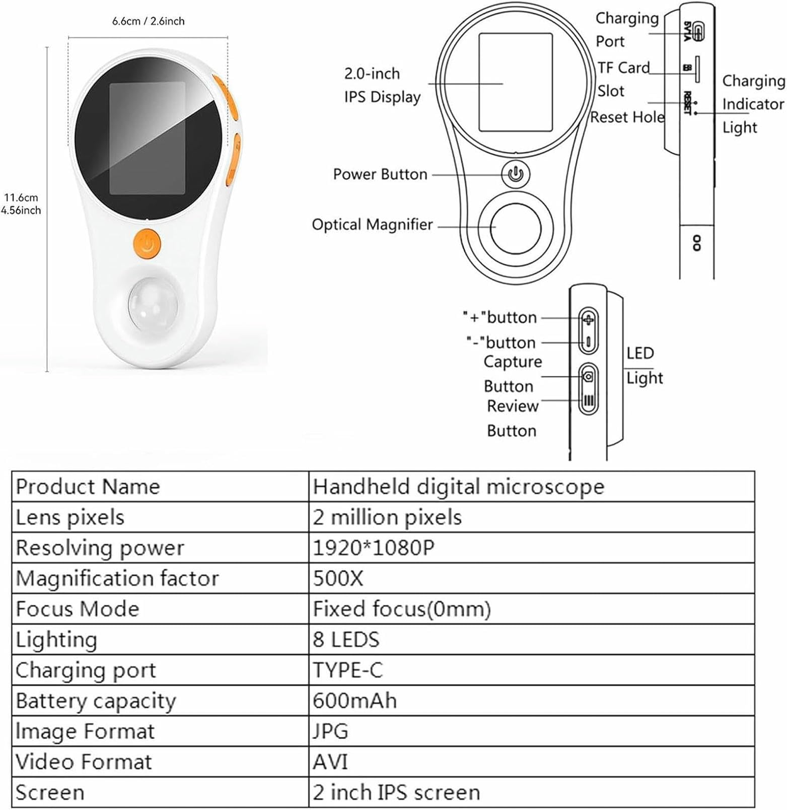 Analizzatore Cutaneo Dermatoscopio Portatile, con Schermo 1080P E 8 LED, Microscopio Digitale Wireless con Lente d'Ingrandimento 500X per Cuoio Capelluto E Pelle del Viso