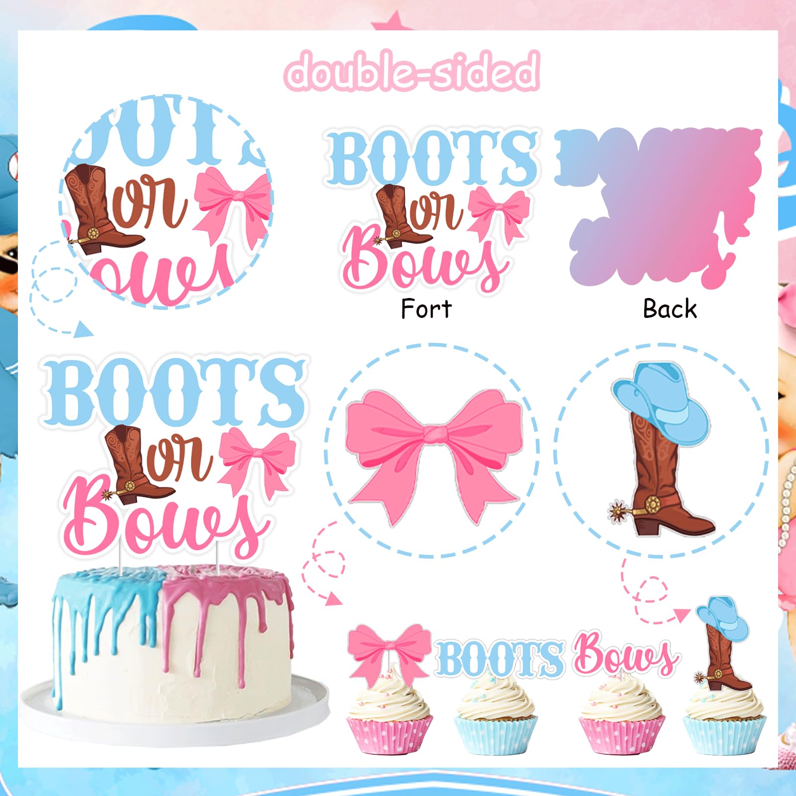 Boots Or Bows Gender Reveal Cupcake Toppers, Cowboy Boots Toppers, Pink Bow Toppers, Gender Reveal Theme Party, Baby Shower Toppers, Cowgirl