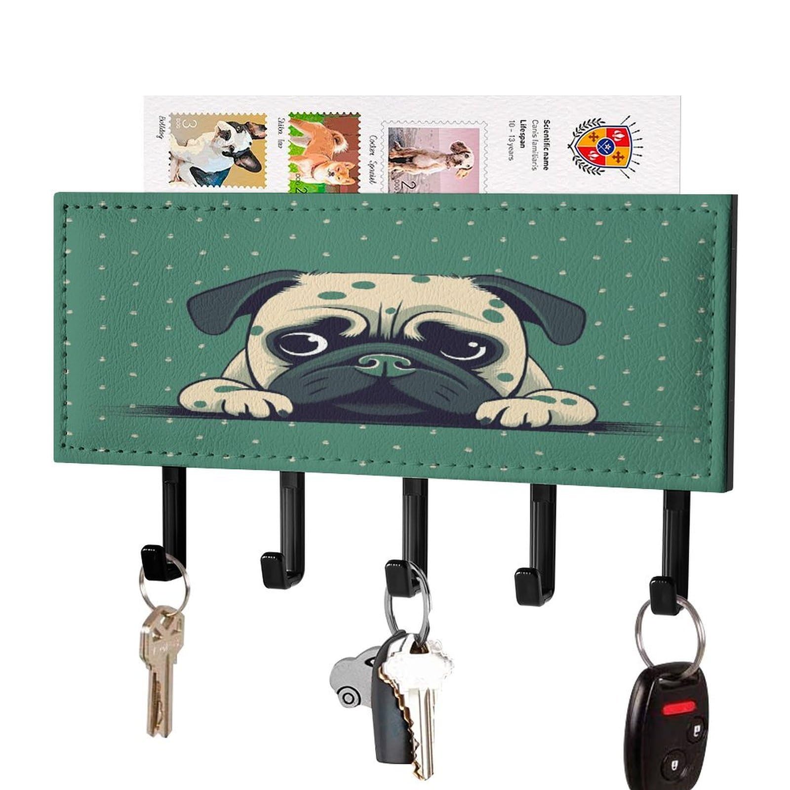 Fekiloot Black-Style Pug Green Polka Dot Key Holder Wall Mount Decorative Key And Mail Holder With 5 Hooks Key Hanger Organizer Pu Key Rack Decorative Home Decor For Wall Living Room Entryway Office