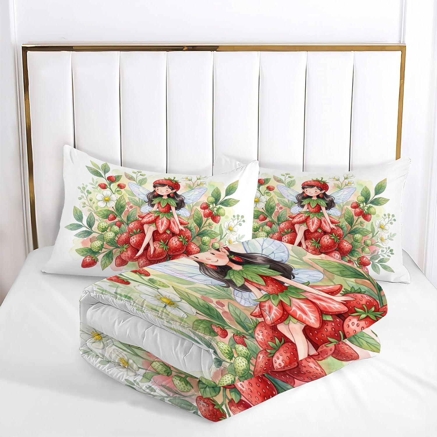 Animation Style Comforter Set Full Size, Strawberry Fairy Girl Print Breathable Bedding Set for Girls Boys Teens, Red Quilt Duvet with 2 Pillow Cases