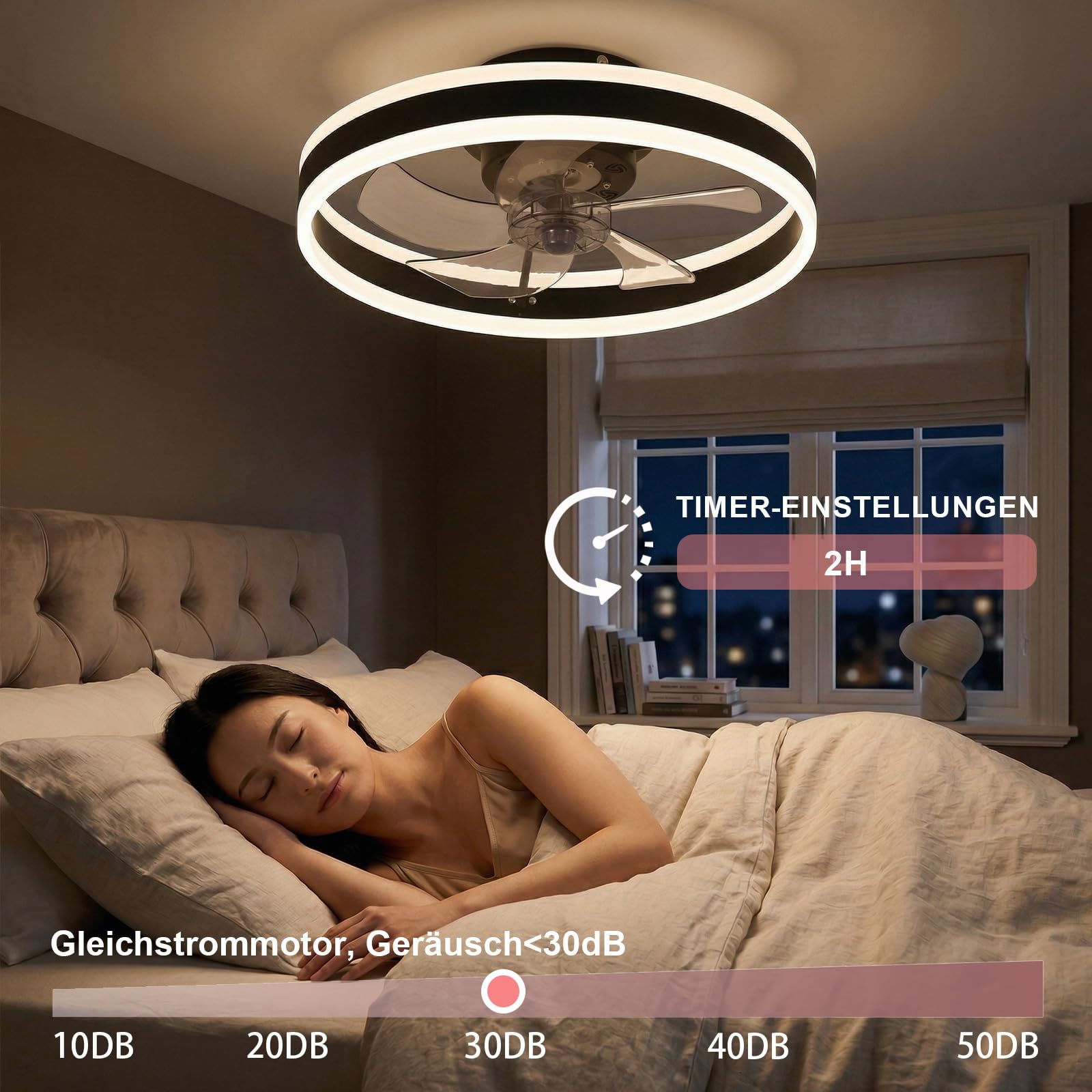 DATO Deckenventilator mit Beleuchtung, 3 Farbtemperatur und 6 Geschwindigkeiten, APP/Fernbedienung Leise Dimmbar, Schwarz, 50CM
