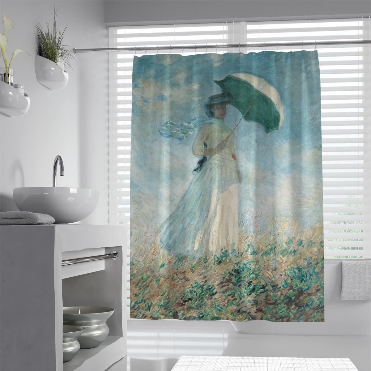 Set di Tende doccia per bagno Donna Elegante 180x200cm | Tende da doccia Blue Sky Flower Field impermeabili con stampa HD in tessuto ad asciugatura rapida con ganci