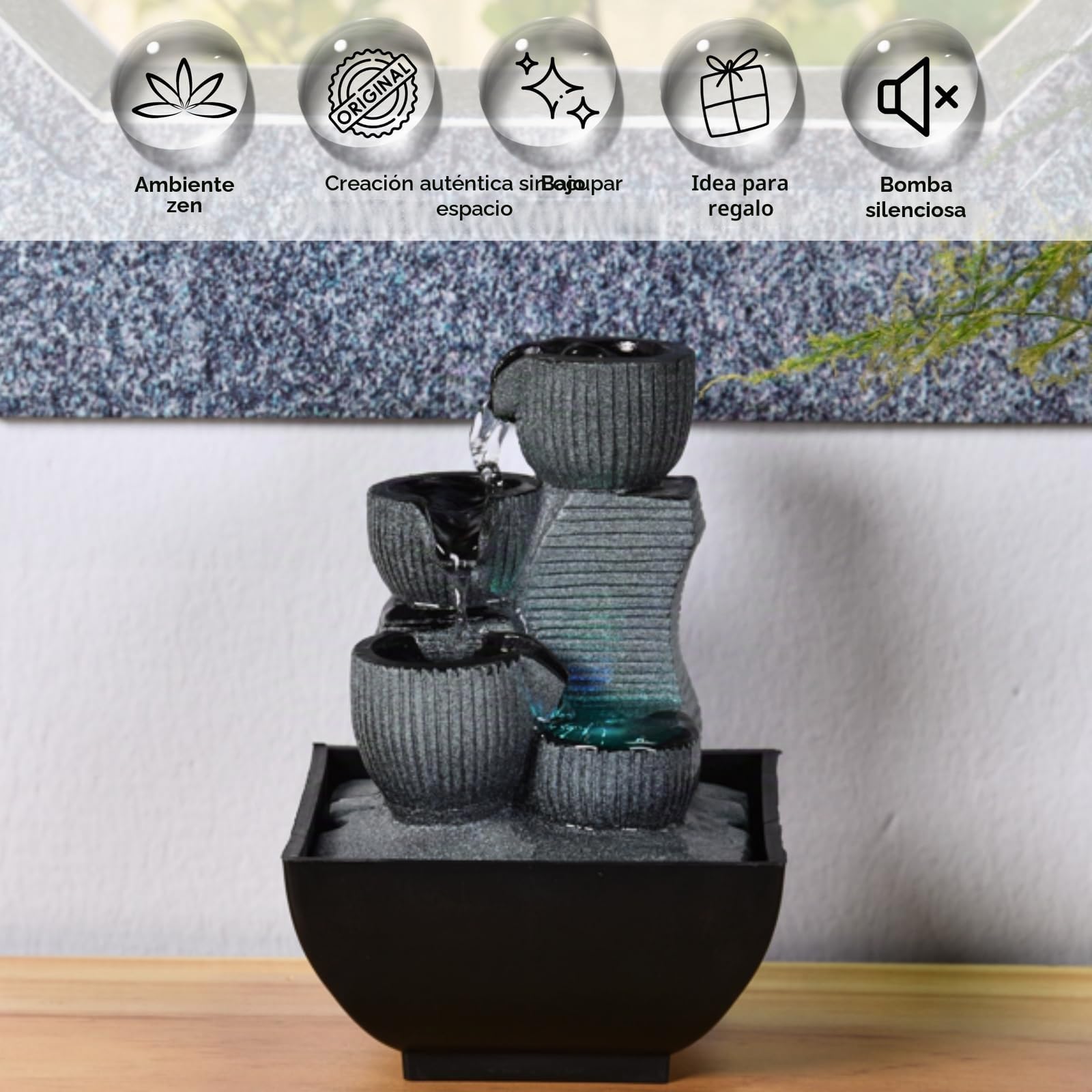 Zen Light Kini - Fuente de Interior con Bomba e iluminación LED, Resina, tamaño único