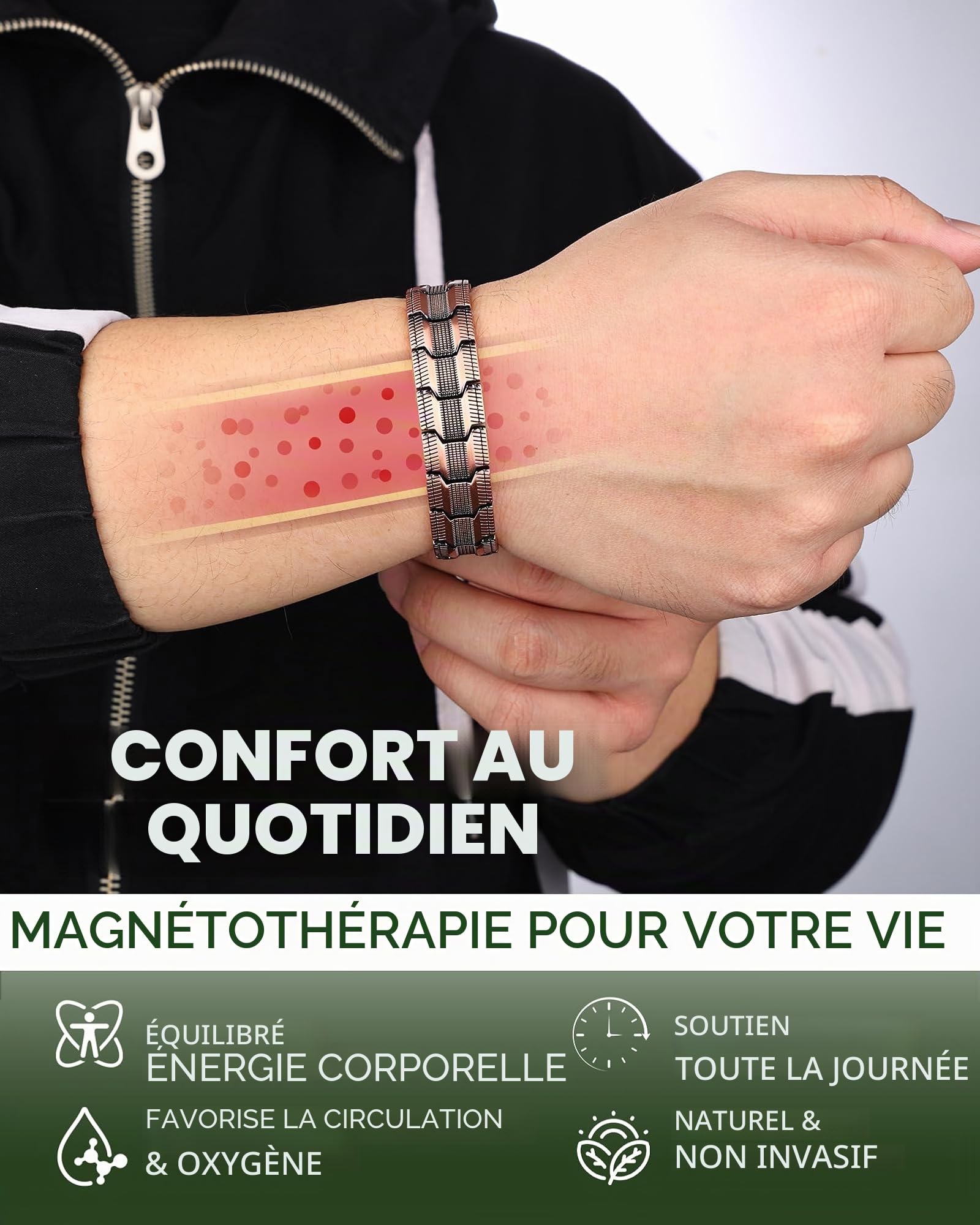 MagEnergy Bracelet en cuivre pour homme, 99,99 % cuivre pur, double aimants puissants, bracelet magnétique avec fermoir papillon, longueur réglable avec outil de réglage de la taille