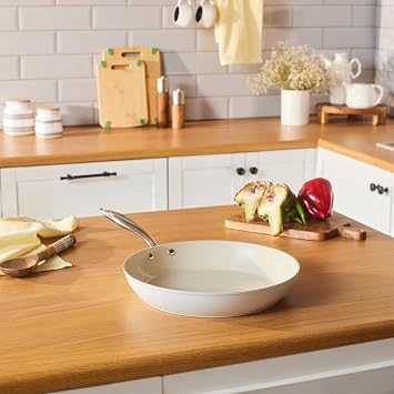 KARACA Swiss Crystal Non-Stick Pan, 32cm, Stainless Steel Handle, Ceramic Coating, Induction Compatible, Almond Cream