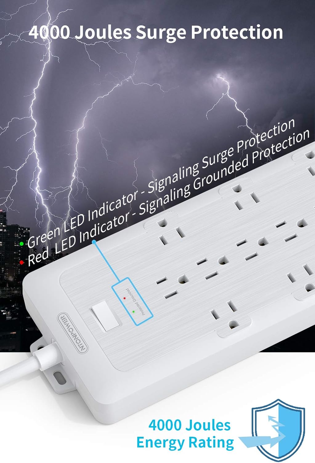 4000 Joules Power Strip Surge Protector, 15 FT Heavy Duty Extension Cord (1875W/15A), 12 Widely Spaced AC Outlets, Overload Protection, Wall Mount, ETL Listed, Ideal for Home, Dorm Essentials, White