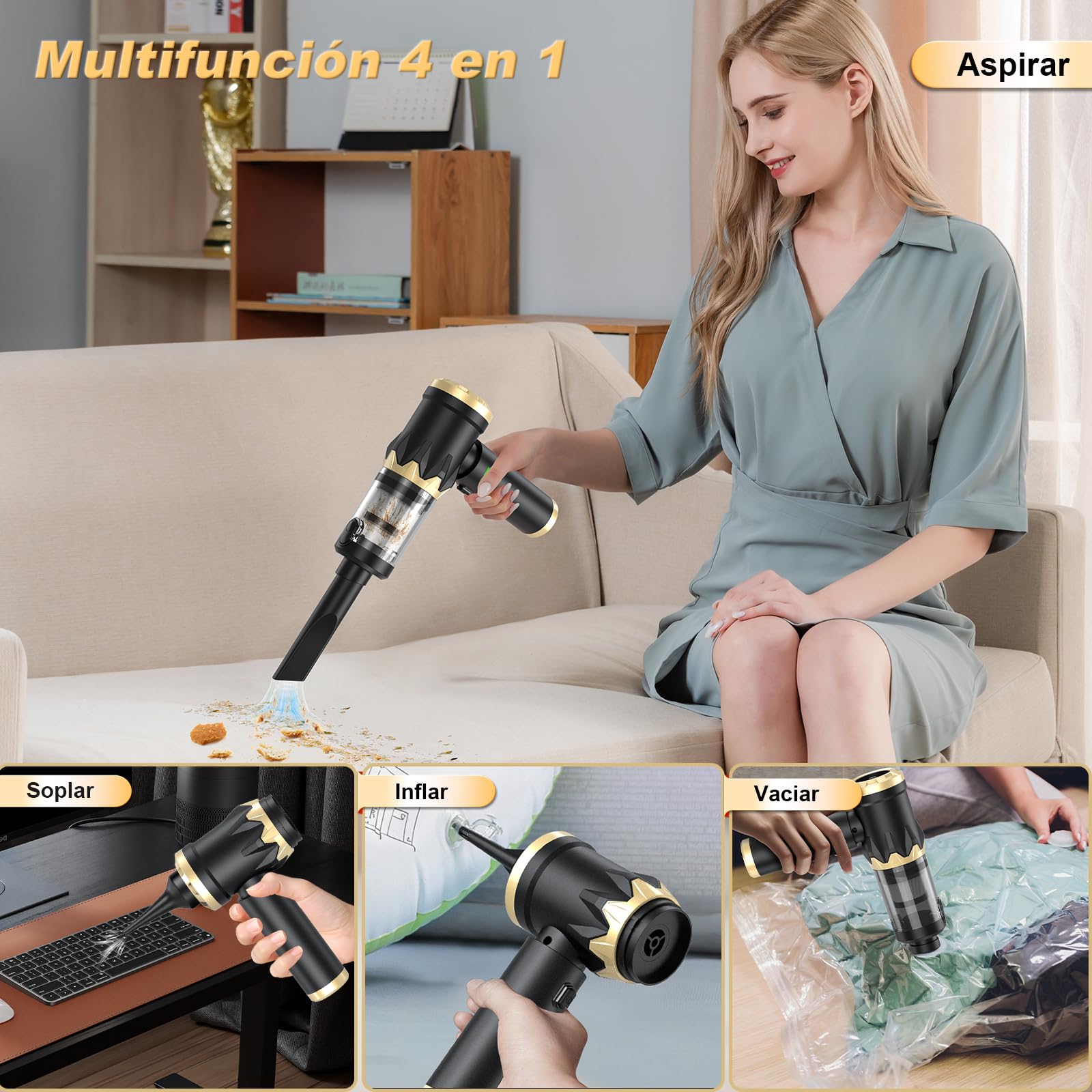 Robofun Aspiradora de Mano 4 en 1 sin Cable, 25000Pa, Motor sin escobillas, Vaciado con botón, para Coche, hogar, sofá, Oficina, pelos de Mascotas