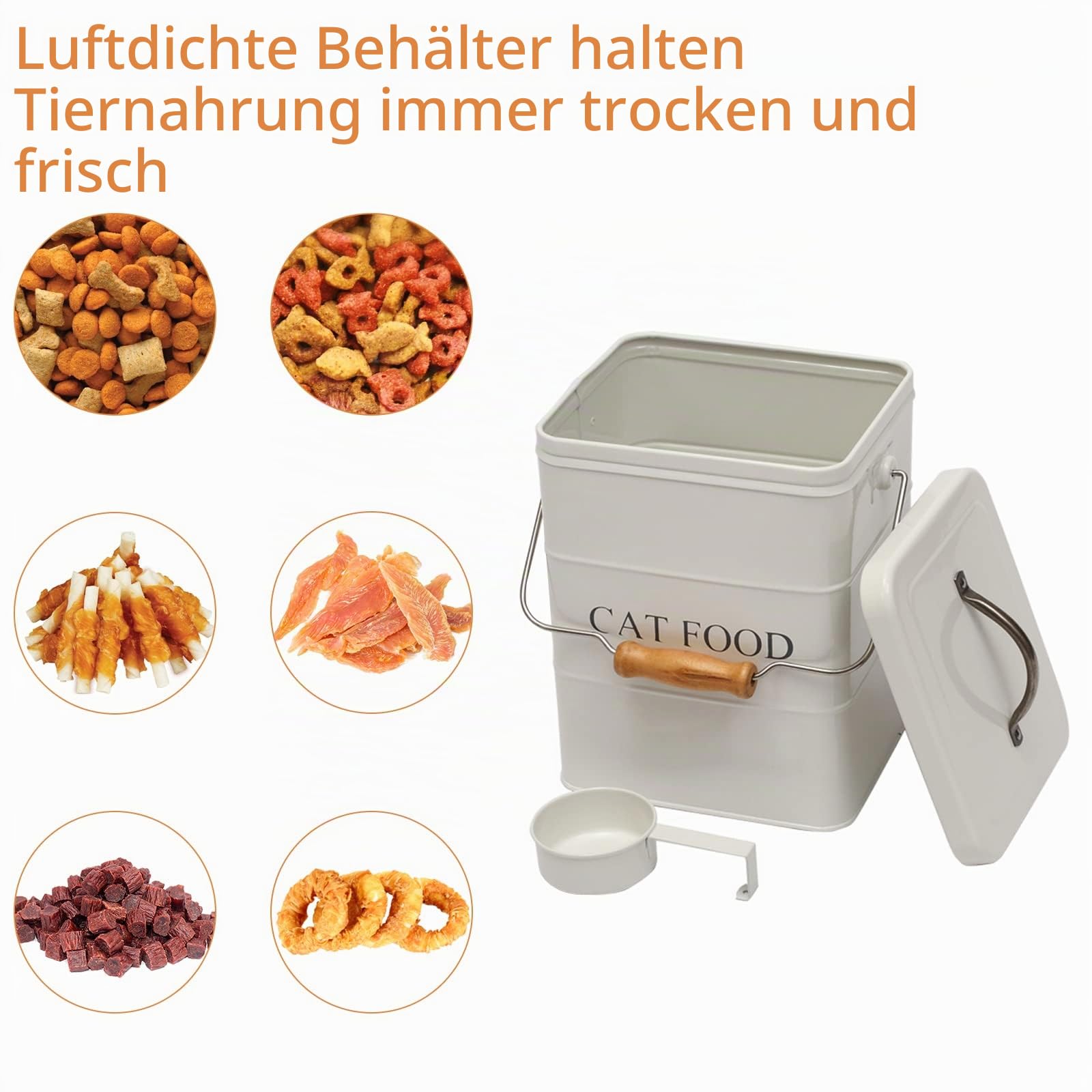 Geyecete - Futtertonnen für Haustierfutter, Vorratsbehälter mit Deckel und Schaufel, Metall futterbox Behälter mit holz griff für Katzen Trockenfutter -2,5 kg Kapazität- Weiß
