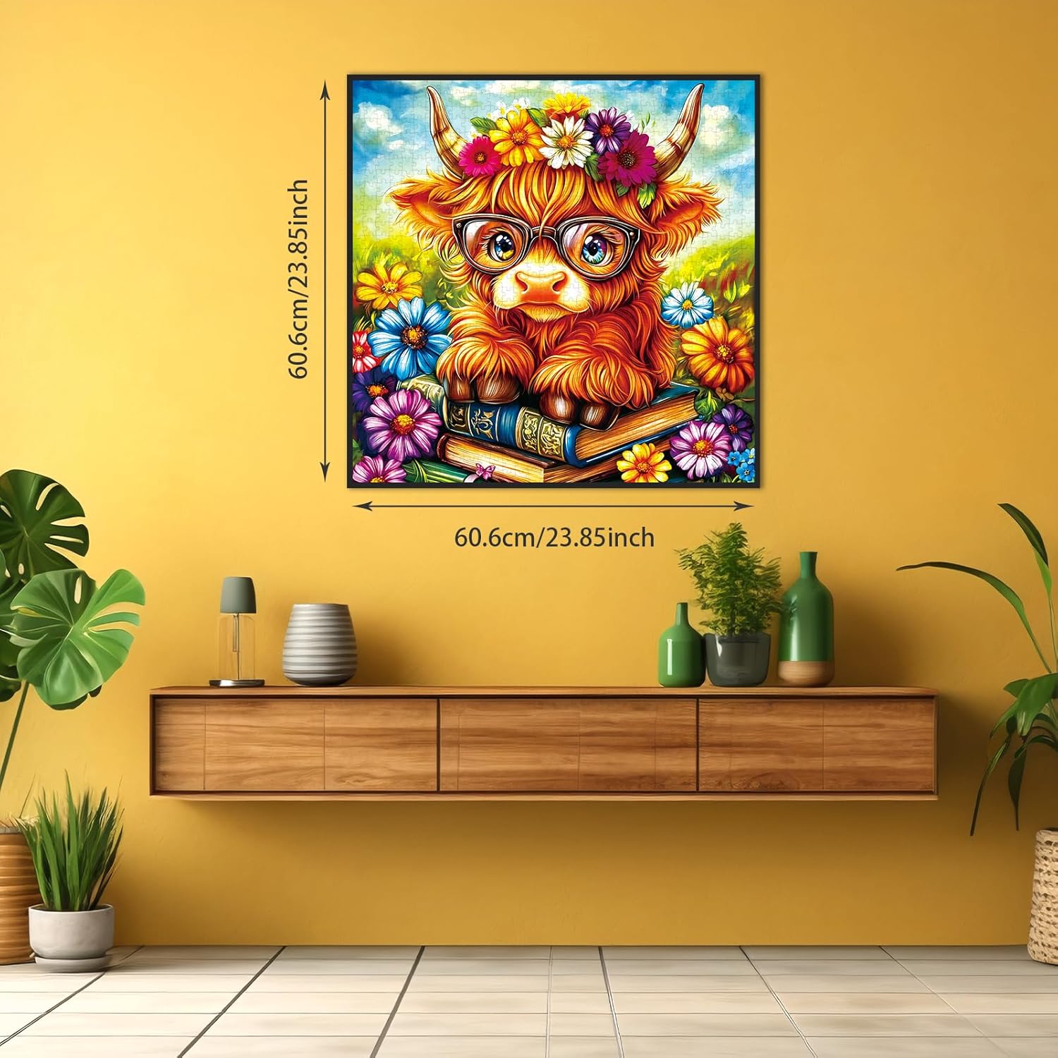 Cute Highland Cow Jigsaw Puzzle 1024 Pieces for Adults Glasses Cow Puzzle, Decorative Wall Art for Home, Puzzles with Letter Markings, Funny Gift（23.86 x 23.86 in）