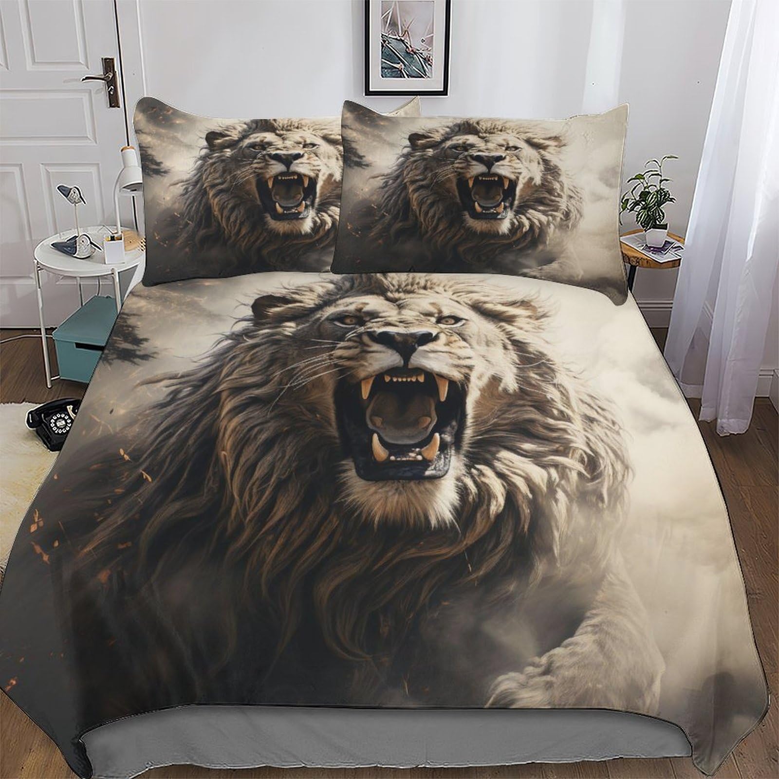 Housse de couette lion 220x240 parure de lit 3 pièces microfibre douce enfants