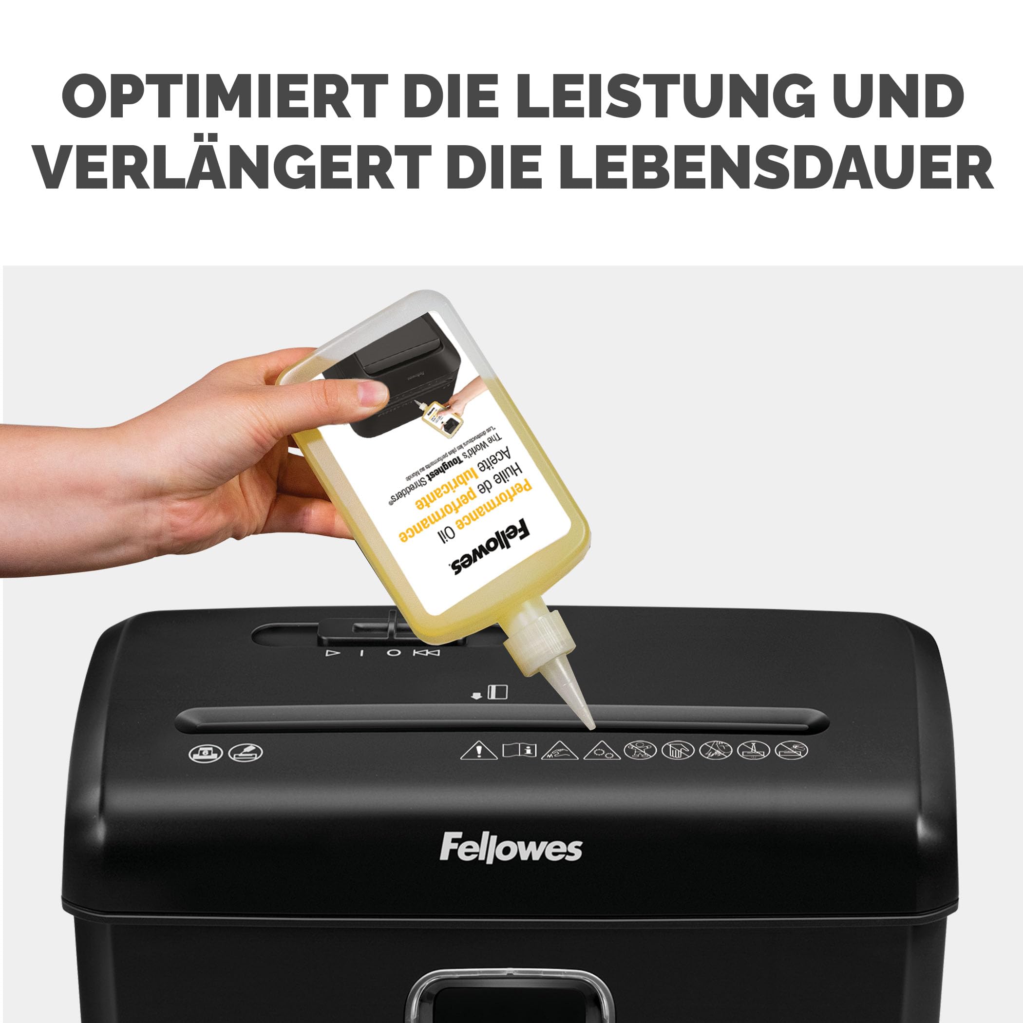 Fellowes Aktenvernichter FS-6C Premium Bundle mit Öl, Papierschredder, 6-Blatt-Partikelschnitt, Aktenvernichter P4, Schredder für Büro und Homeoffice, 15L Papierkorb, verarbeitet Kreditkarten, Schwarz