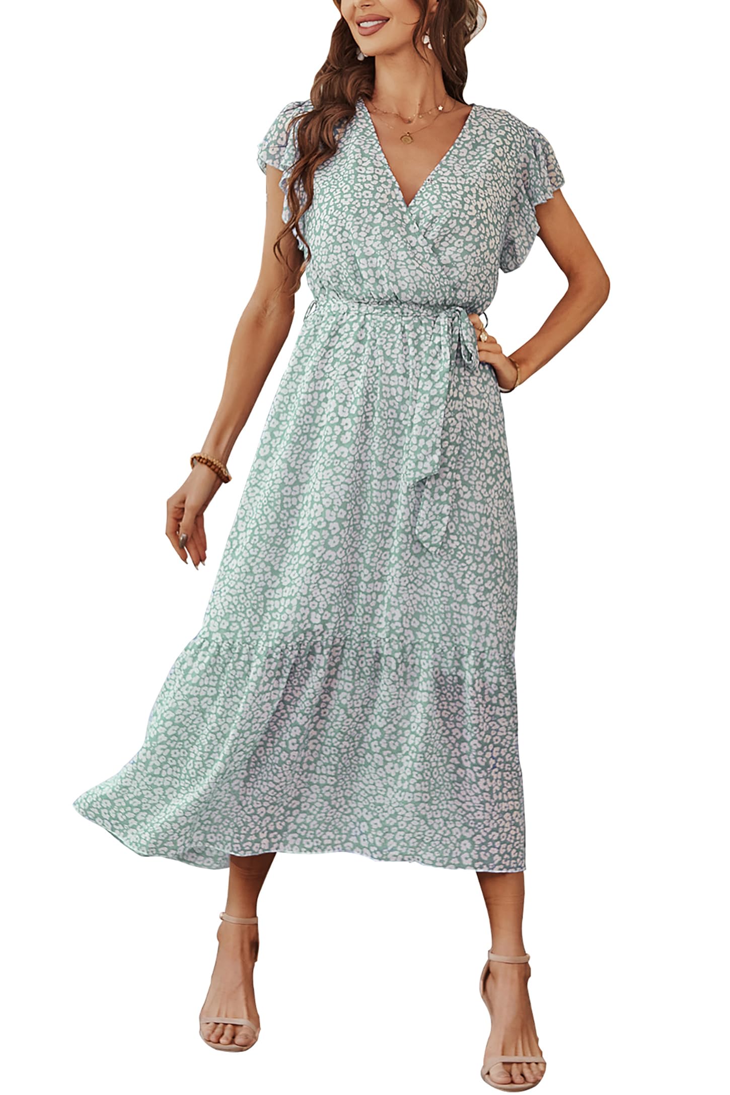 Awemeal Kleid Damen Sommer Elegant V-Ausschnitt Kurzarm Lang Sommerkleid Boho Blumenkleid mit Gürtel Rüschen Saum Wickelkleid Strandkleid A Linie Fließend Maxikleid （S, Blume Grün）